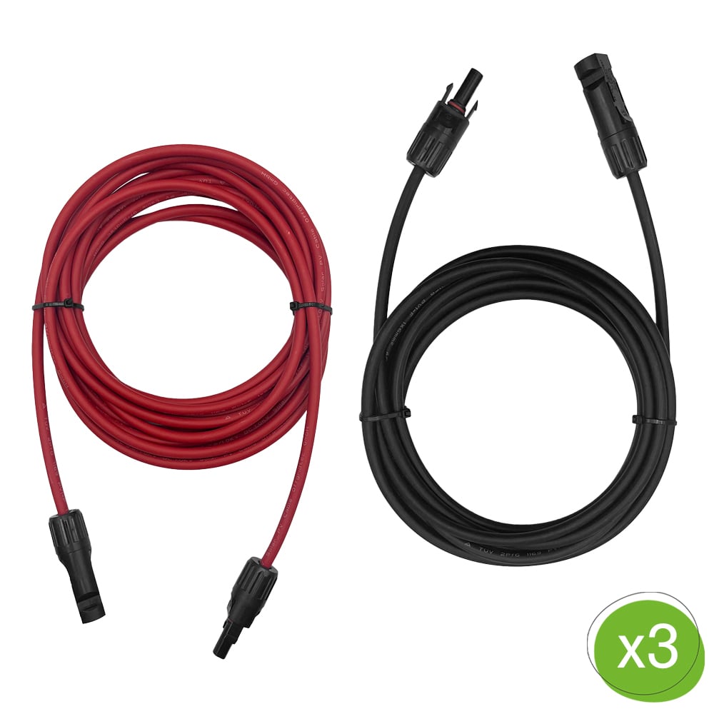 Ein rotes und ein schwarzes aufgewickeltes MC4-zu-MC4 Verbindungskabel; unten rechts ist die Mengenangabe "x3"