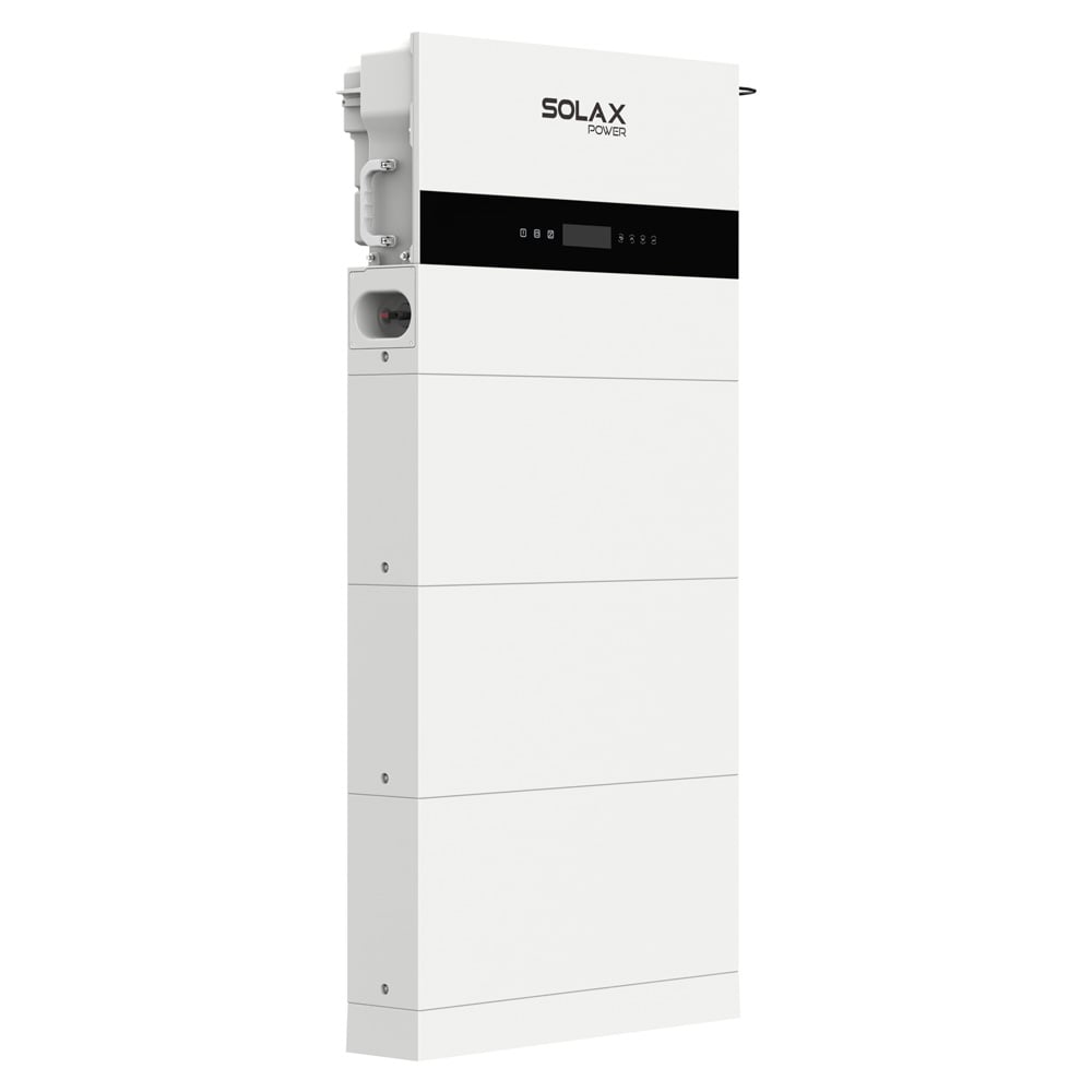 Schrägansicht von links: weißes Solax X1-IES Speichersystems mit Wechselrichter, 3 Batterien und BMS Schrägansicht von links: weißes Solax X3-IES Speichersystems mit Wechselrichter, 3 Batterien und BMS
