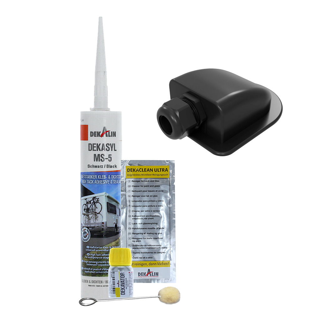 Frontansicht des schwarzen Dekalin Klebesets; daneben in Schrägansicht die schwarze Offgridtec Dachdurchführung