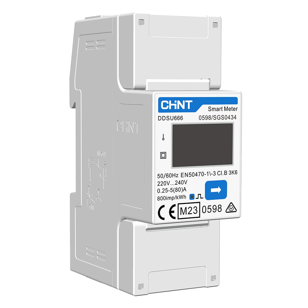 Schrägansicht: Solax Chint DDSU666 Smart Meter, 1-phasiger Stromzähler, LCD-Display, 220-240 Volt, maximal 80A