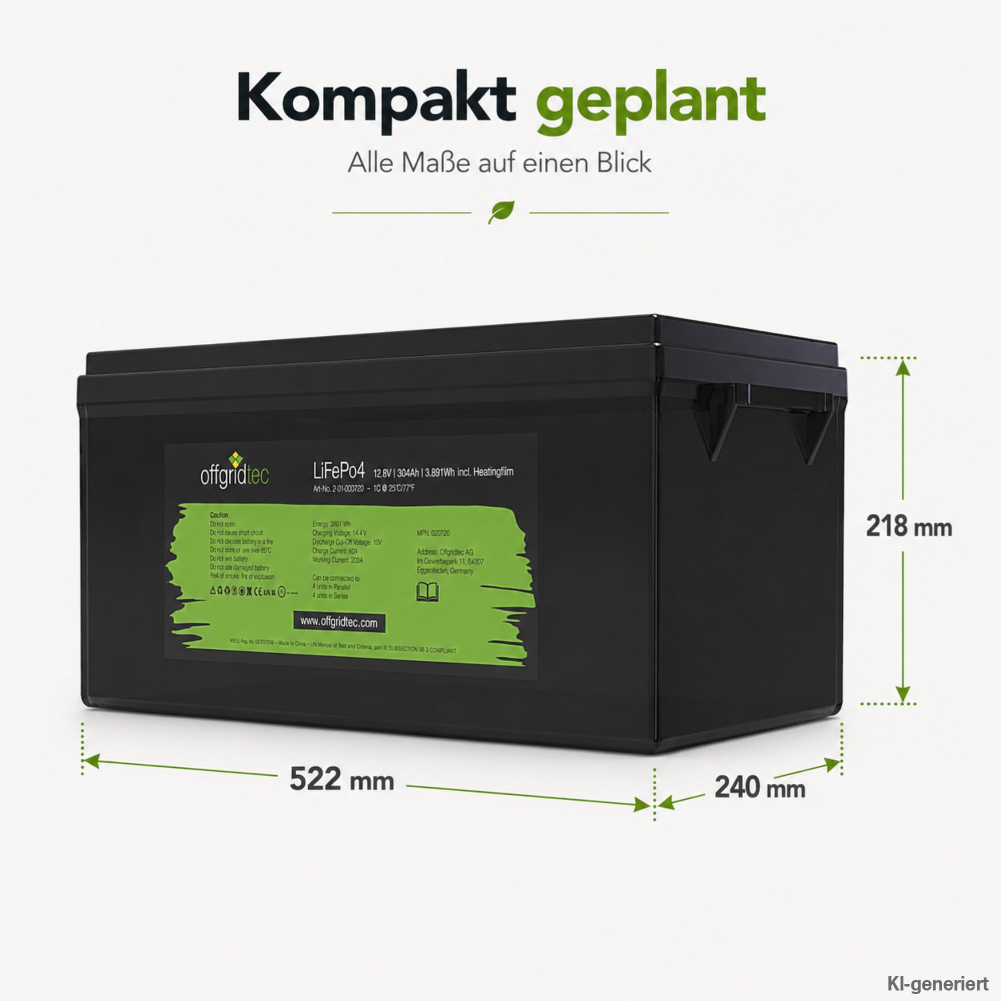 schwarze Offgridtec LiFePO4 Batterie 12V 304Ah mit Heizmatte Abmessungen