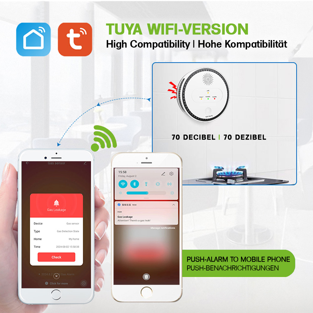 Offgridtec Smart WiFi Gas Alarm Sensor with LCD & App | Audible & Visual Alarm for Flammable Gases