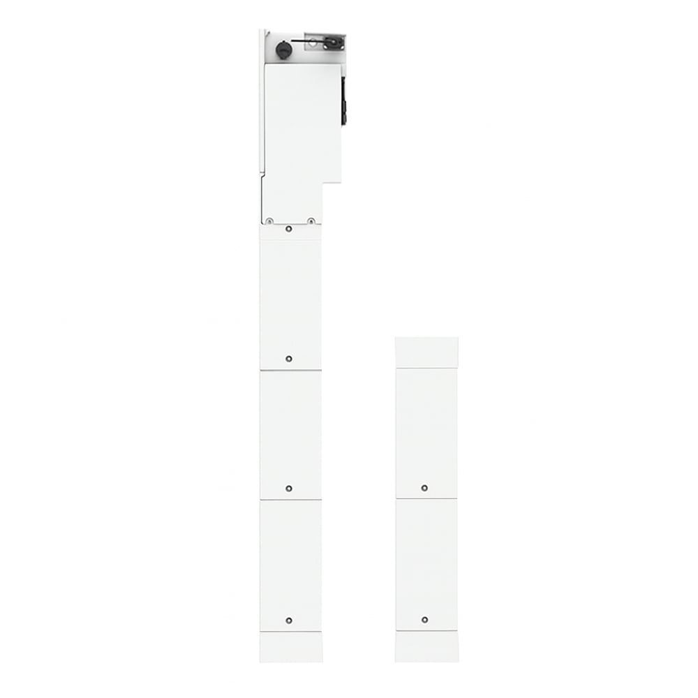 Seitenansicht links: weißen Solax X3-IES Speichersystems mit Wechselrichter, 5 Batterien und BMS