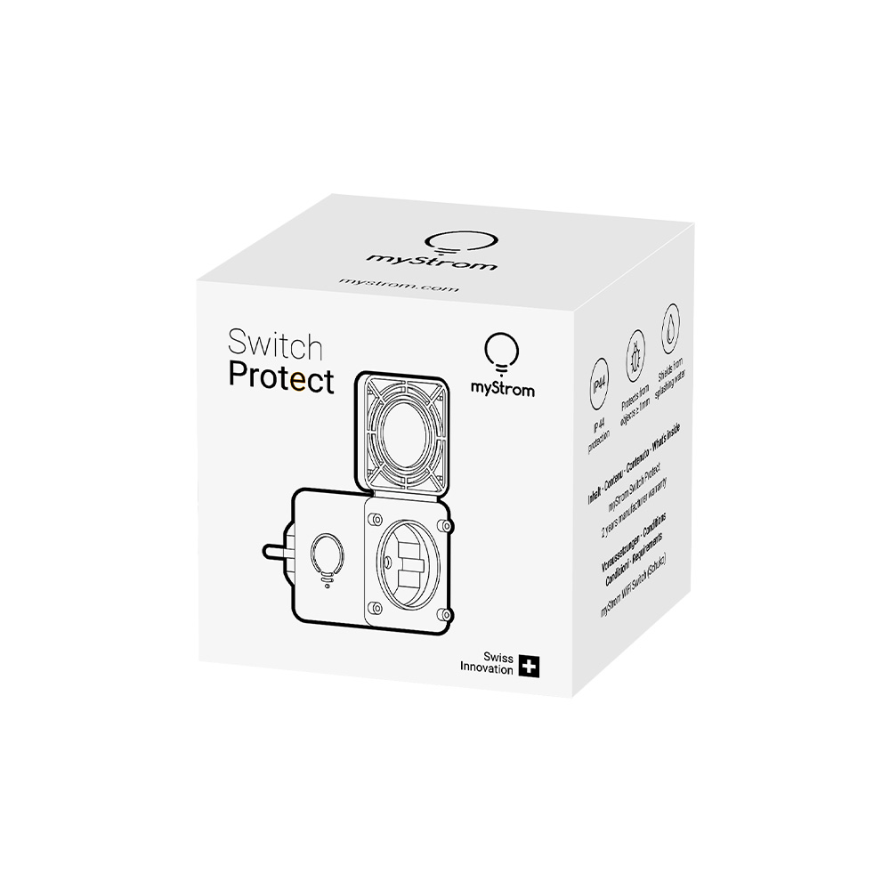 Grüne Schutzhülle für myStrom Switch Protect Steckdose in seiner weißen Verpackung