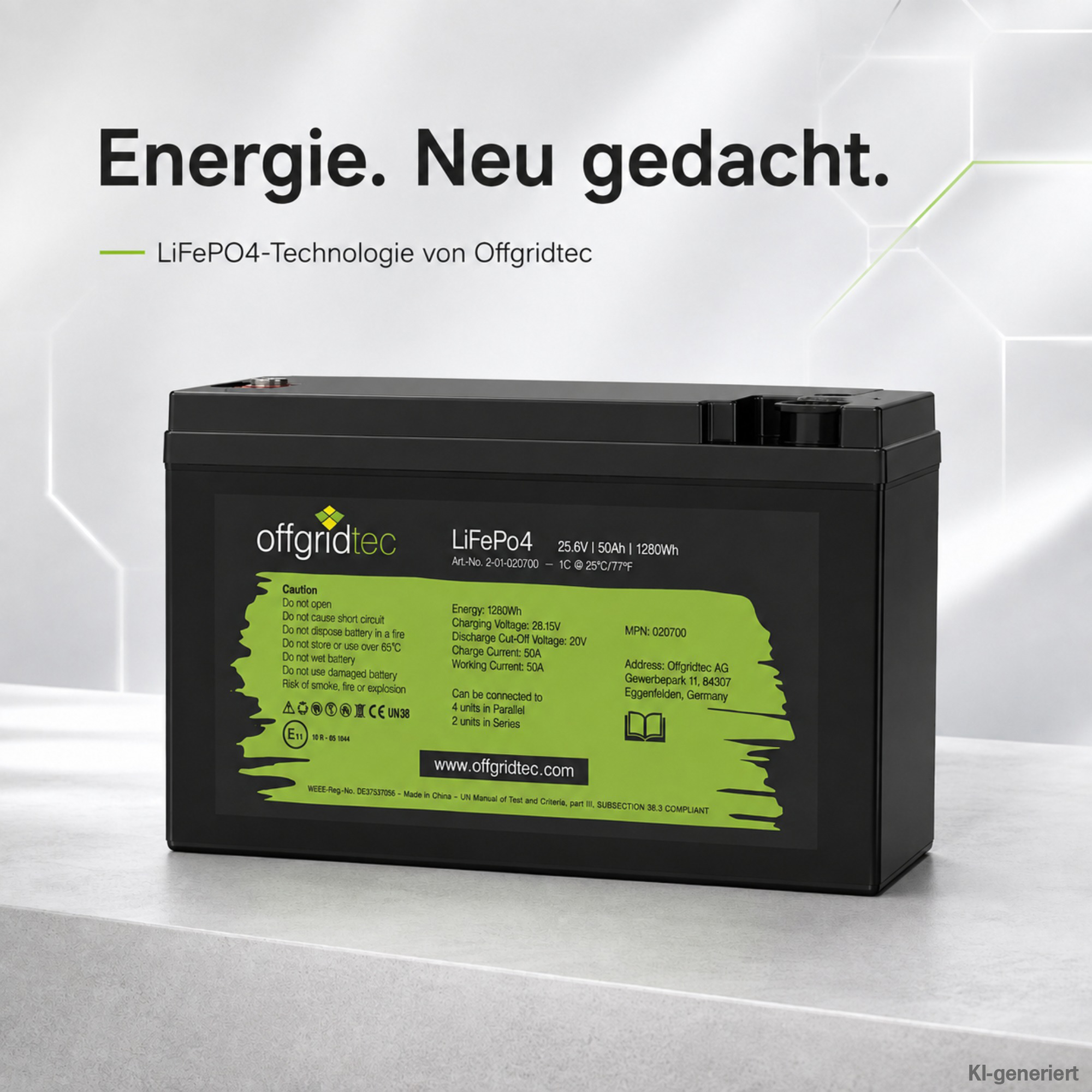schwarze Offgridtec LiFePO4 Batterie 24V 50Ah auf grauem Untergrund