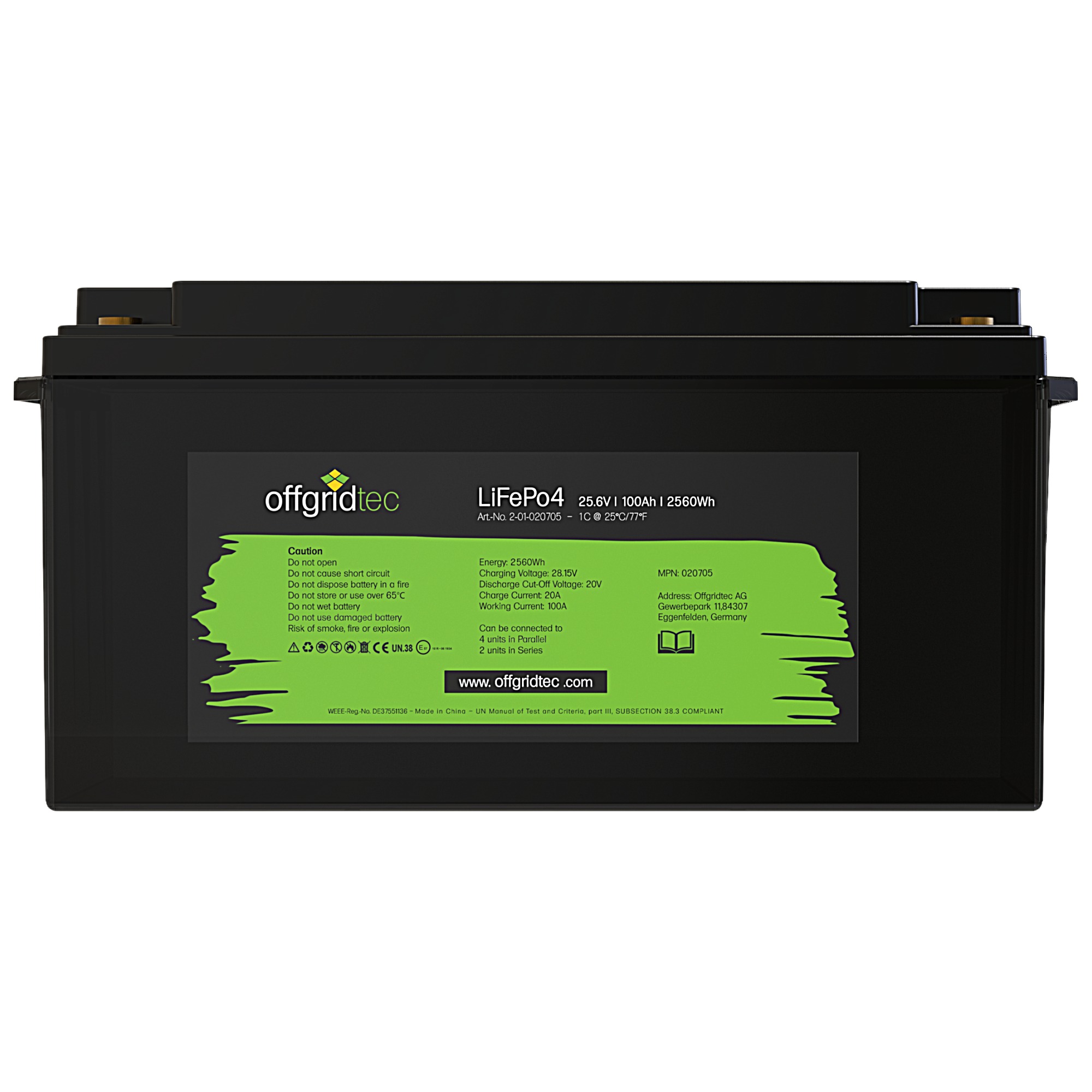 schwarze Offgridtec LiFePO4 Batterie 24V 100Ah Frontalansicht Etikett