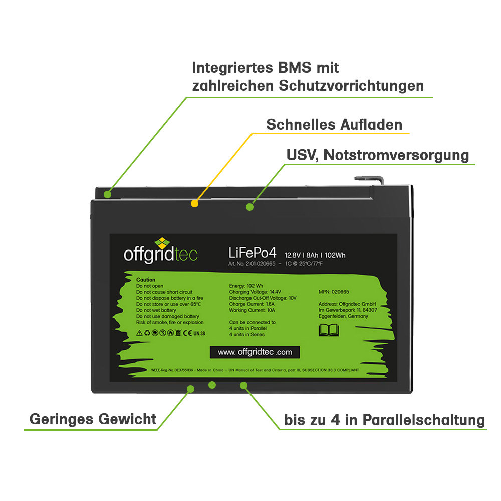 Offgridtec LifePo4 Akku 12/8 12,8V 8Ah BMS integriert 103Wh