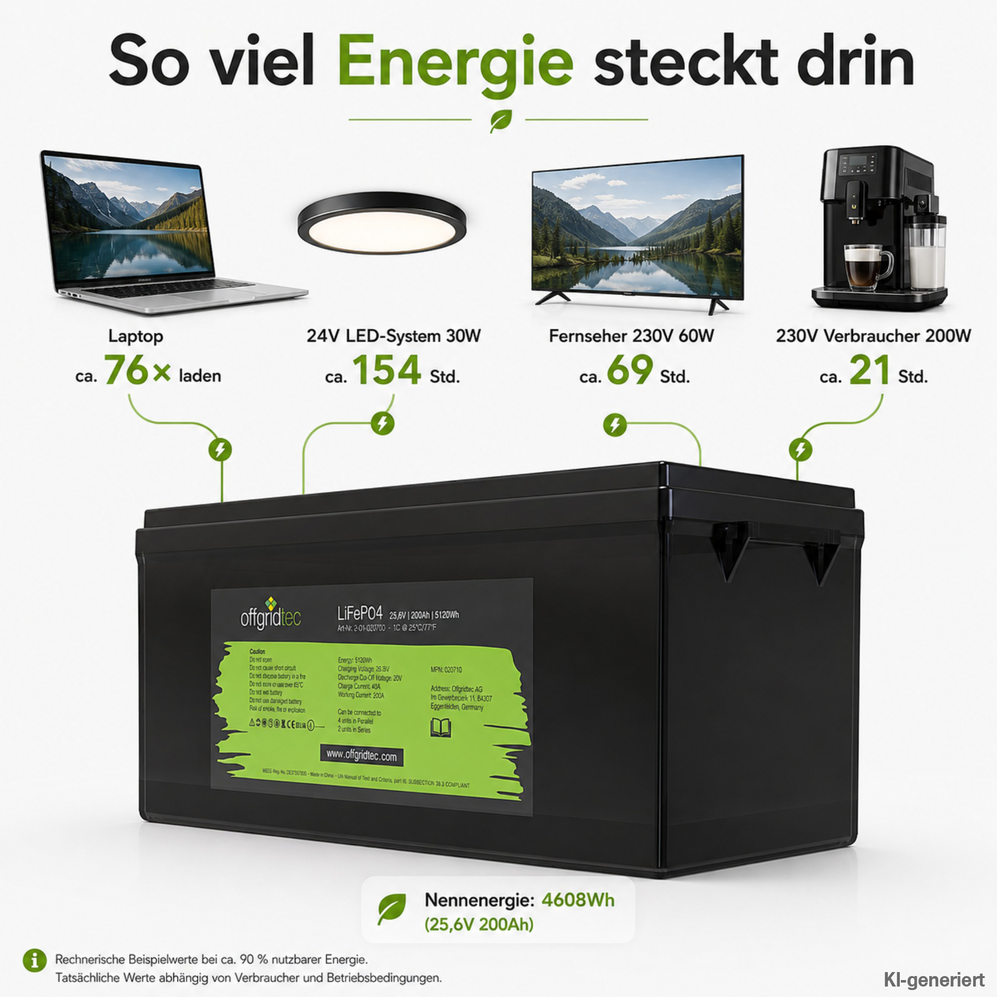 schwarze Offgridtec LiFePO4 Batterie 24V 200Ah Energieberechnung