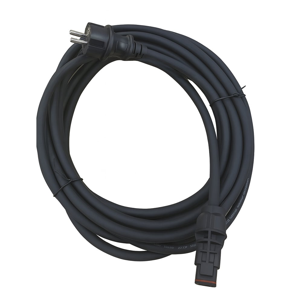 Schwarzes, aufgerolltes Solax 5 Meter Plug-and-Play-Kabel mit Schuko-Stecker und passendem Anschluss, weißer Hintergrund