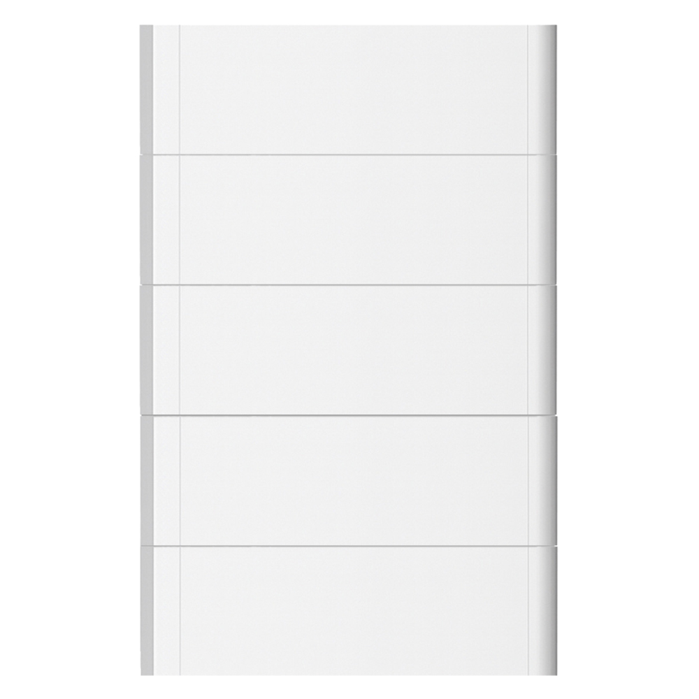 Frontansicht fünf weißer, rechteckiger Haier Smart Cube Batteriemodule übereinander