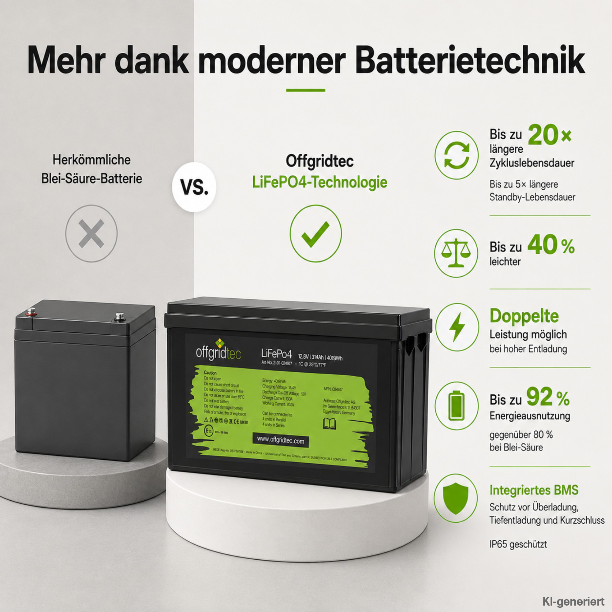 schwarze Offgridtec LiFePO4 Batterie 12V 314Ah Vergleich mit Blei-Säure-Akku