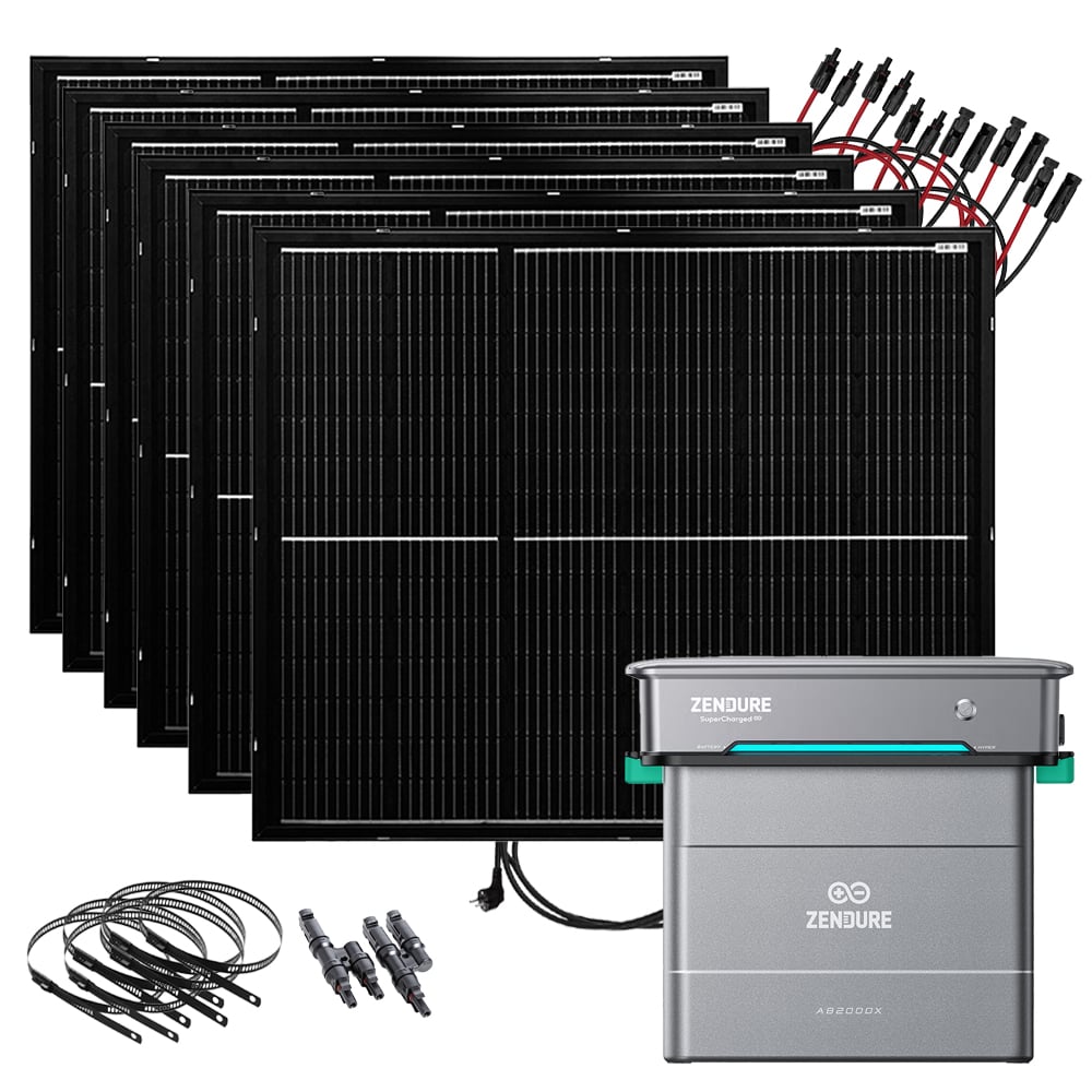 Setansicht: 6x Offgridtec Solarmodule, Zendure Inverter auf Batterie, Anschlusskabel, 1 Abzweigbuchse und Kabelbinder