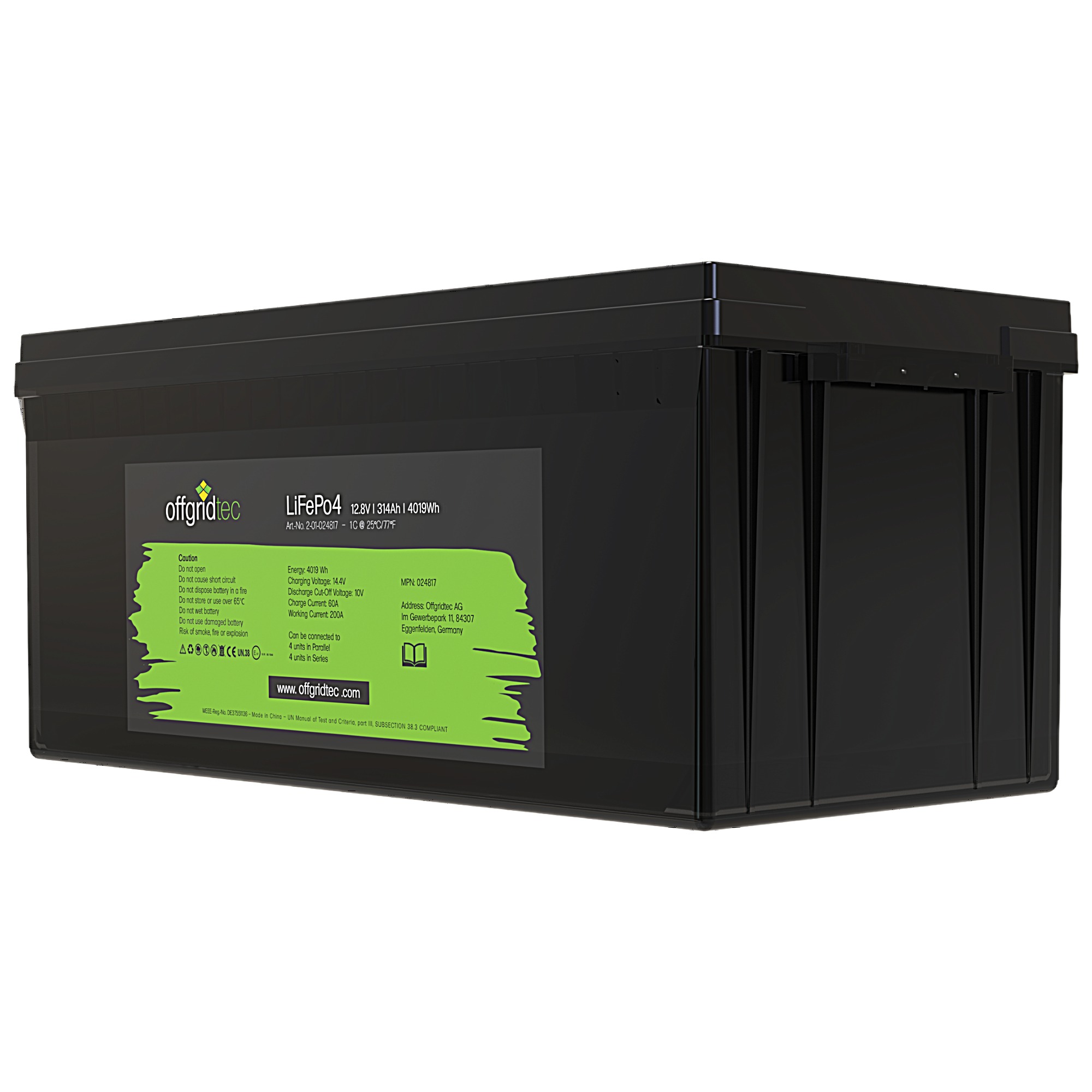 schwarze Offgridtec LiFePO4 Batterie 12V 314Ah schräge Frontansicht rechts