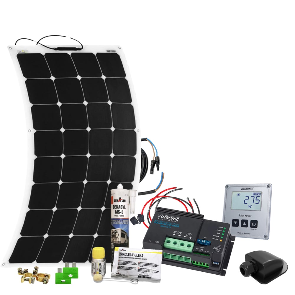 Solaranlage mit allen Komponenten, Solarmodul, Batterie, Solarladeregler, Solarcomputer, Verkabelung und Klebeset