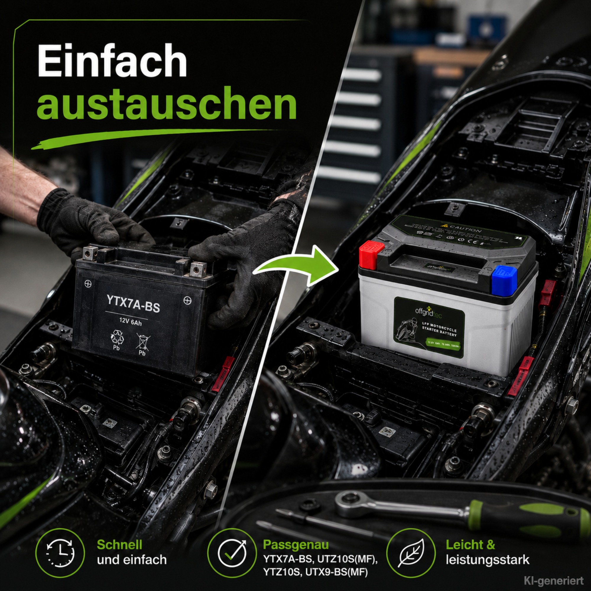 graue Motorradbatterie - einfach austauschen im Motorrad