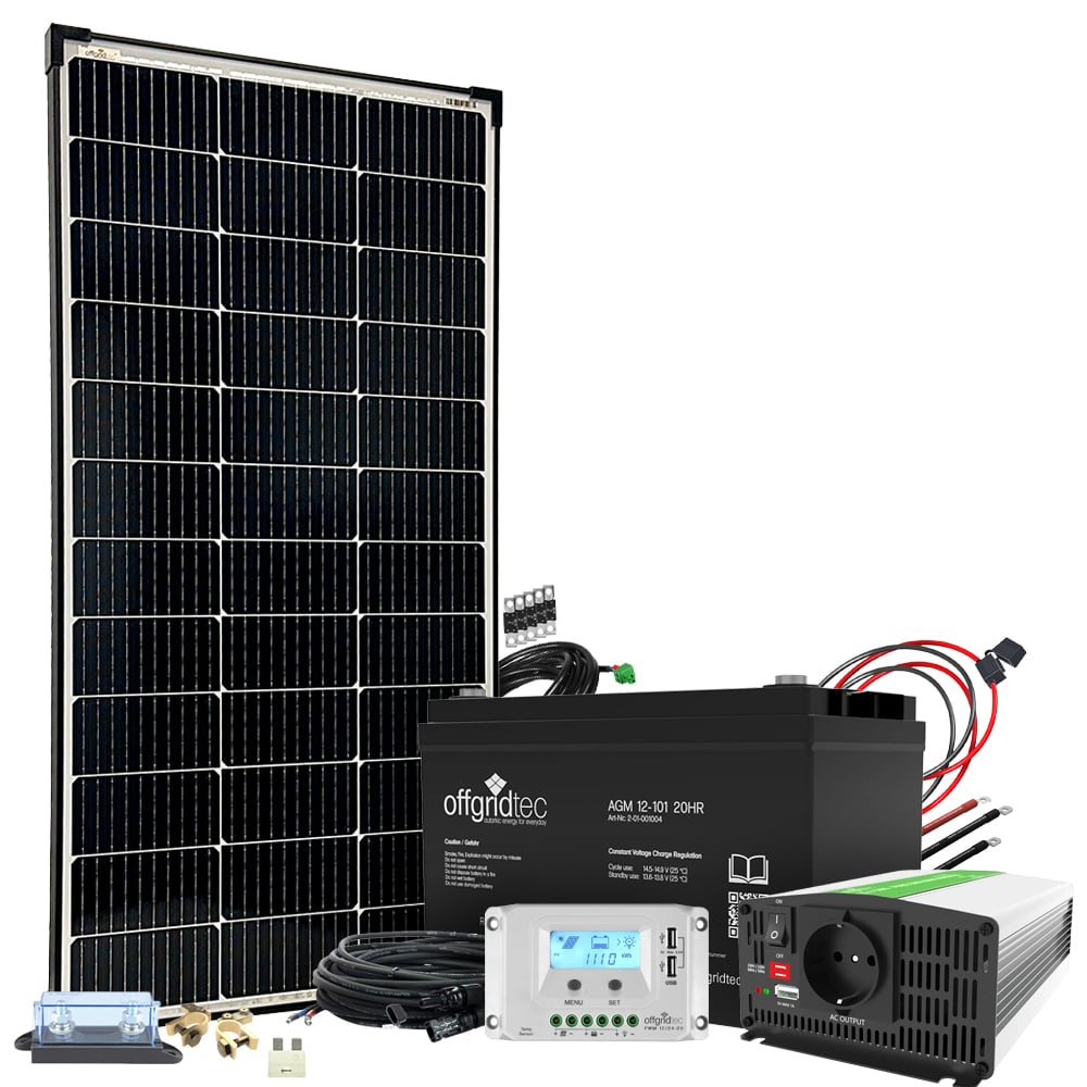 Solaranlage mit allen Komponenten, Solarmodul, Batterie, Solarladeregler, Spannungswandler, Verkabelung und Sicherungen