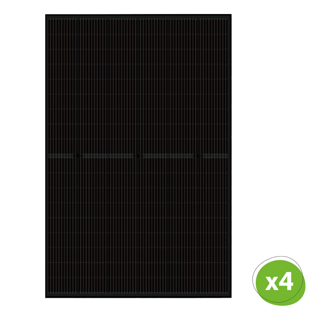 Frontansicht: Luxen Solar 450W Full-Black Modul; unten rechts ist ein grüner Kreis mit der Mengenangabe 4
