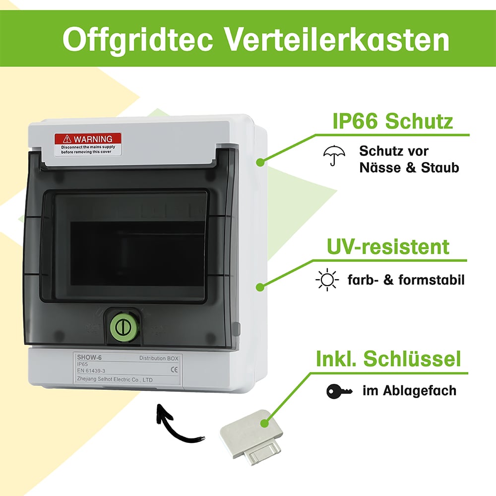 Infografik: Verteilerkasten 6 Eingänge: IP66 Schutz, UV-Resistenz, Inklusive Schlüssel in herausnehmbarem Schubfach