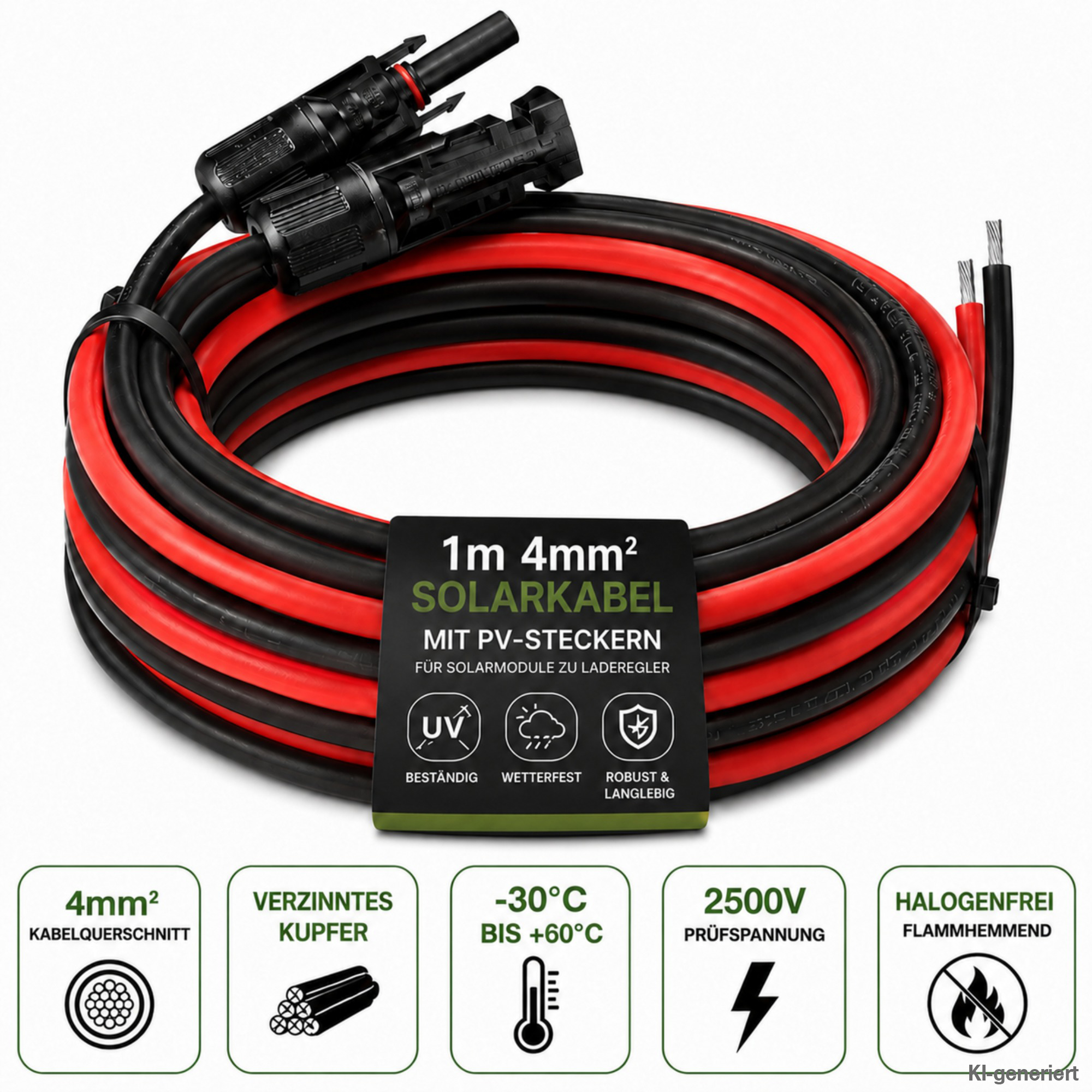 1m 4mm Kabel schwarz und rot mit Solarstecker und offener Litze mit Informationslabel