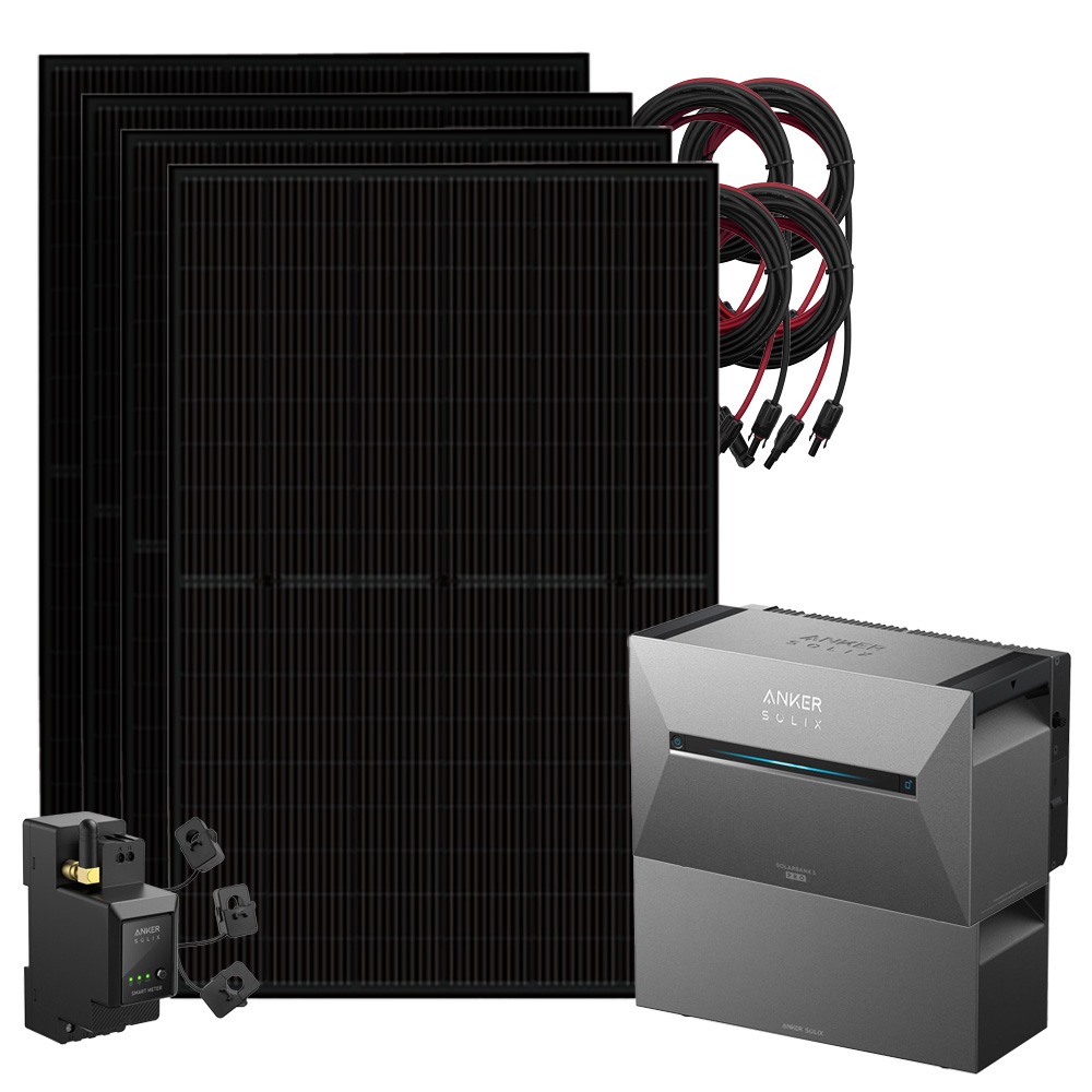 Setansicht: 4x Solarmodule, 1x Solix 3 Solarbank, 1x BP2700 Erweiterungsbatterie, 1x Stromzähler, 4x Kabel-Set