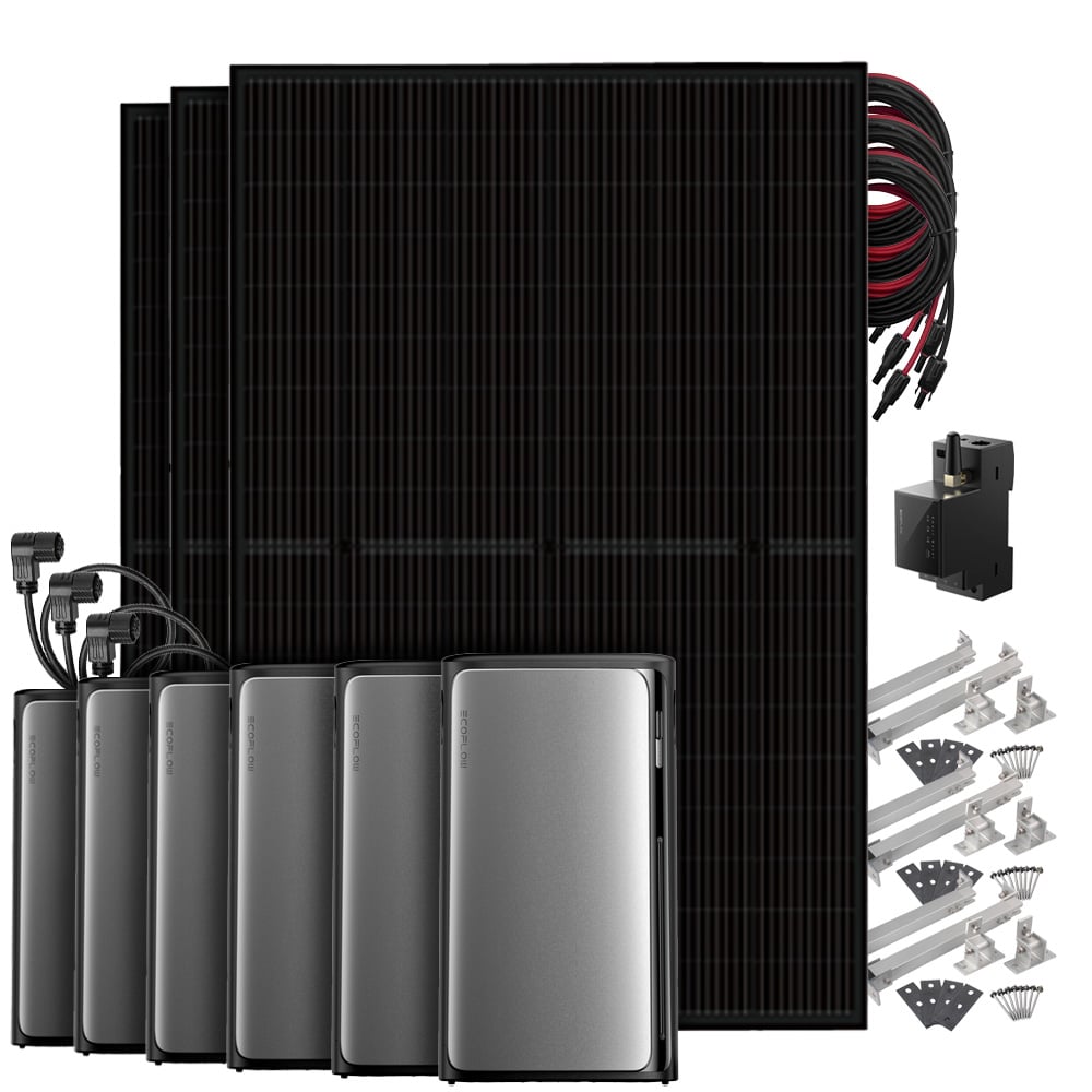 Setansicht: 3 Solarmodule, EcoFlow Stream Pro All-in-1 System, 5 AC Pro Batterien, Smart Meter, Kabel & Flachdach-Montageset