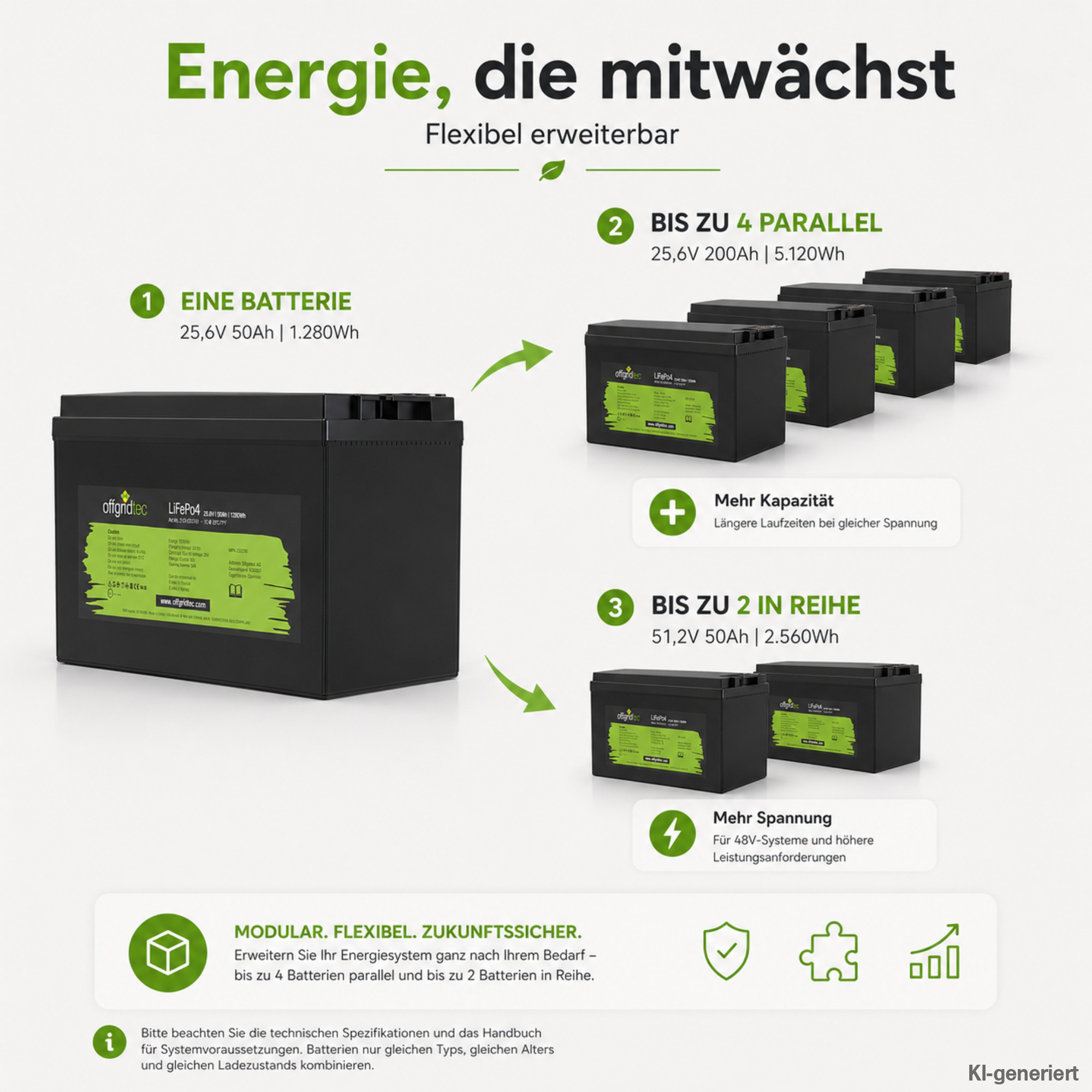 schwarze Offgridtec LiFePO4 Batterie 24V 50Ah Erweiterungsmöglichkeiten parallel und in Reihe