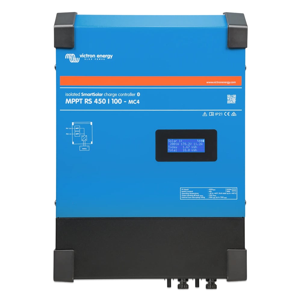 Frontansicht des blauen, rechteckigen Victron SmartSolar MPPT RS 450/100-MC4 Ladereglers mit kleinem Display