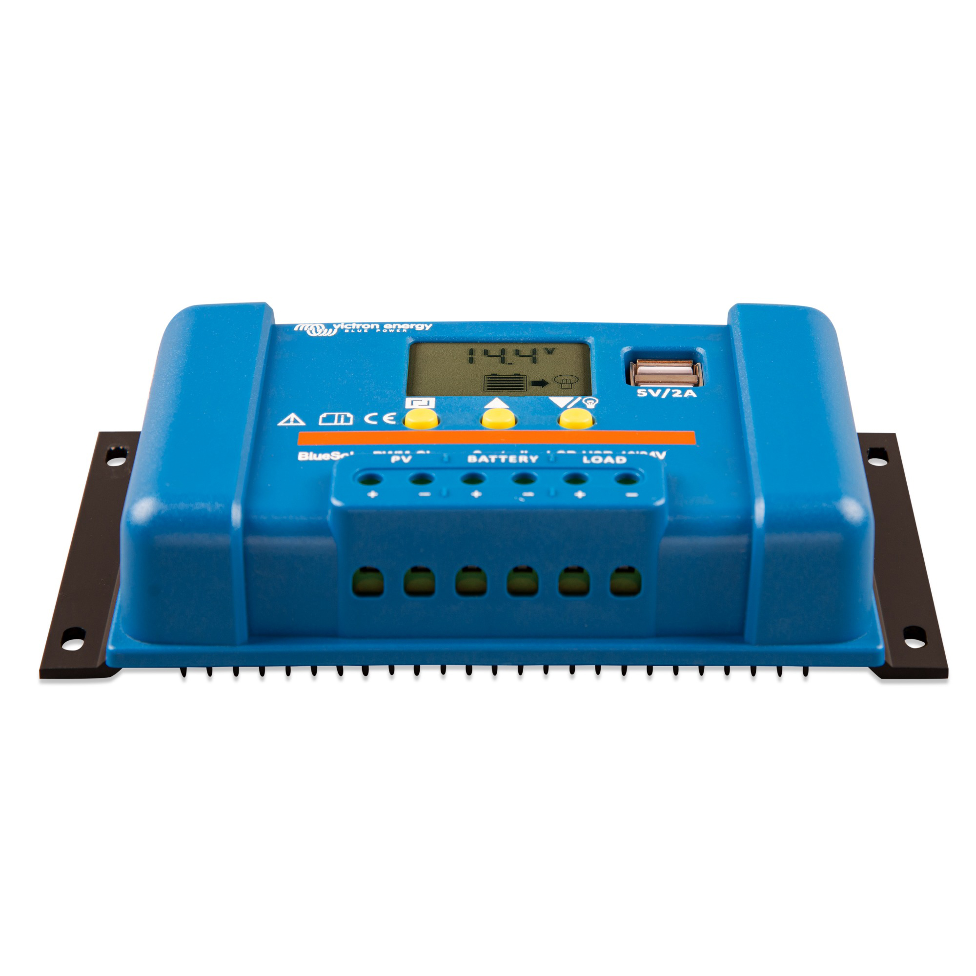Victron BlueSolar PWM LCD 20A Solarladeregler Schrägansicht Anschlüsse vorne