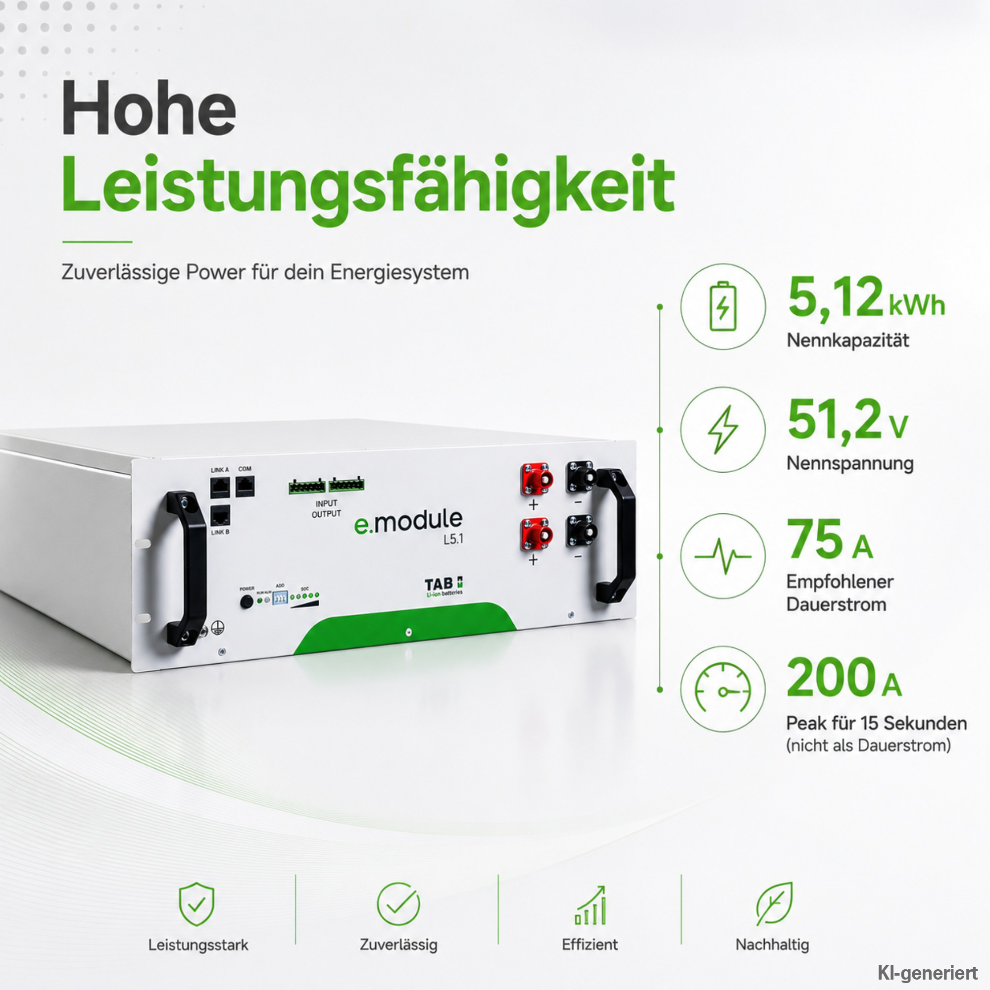 weißes Batteriemodul Schrägansicht links mit technischen Daten rechts