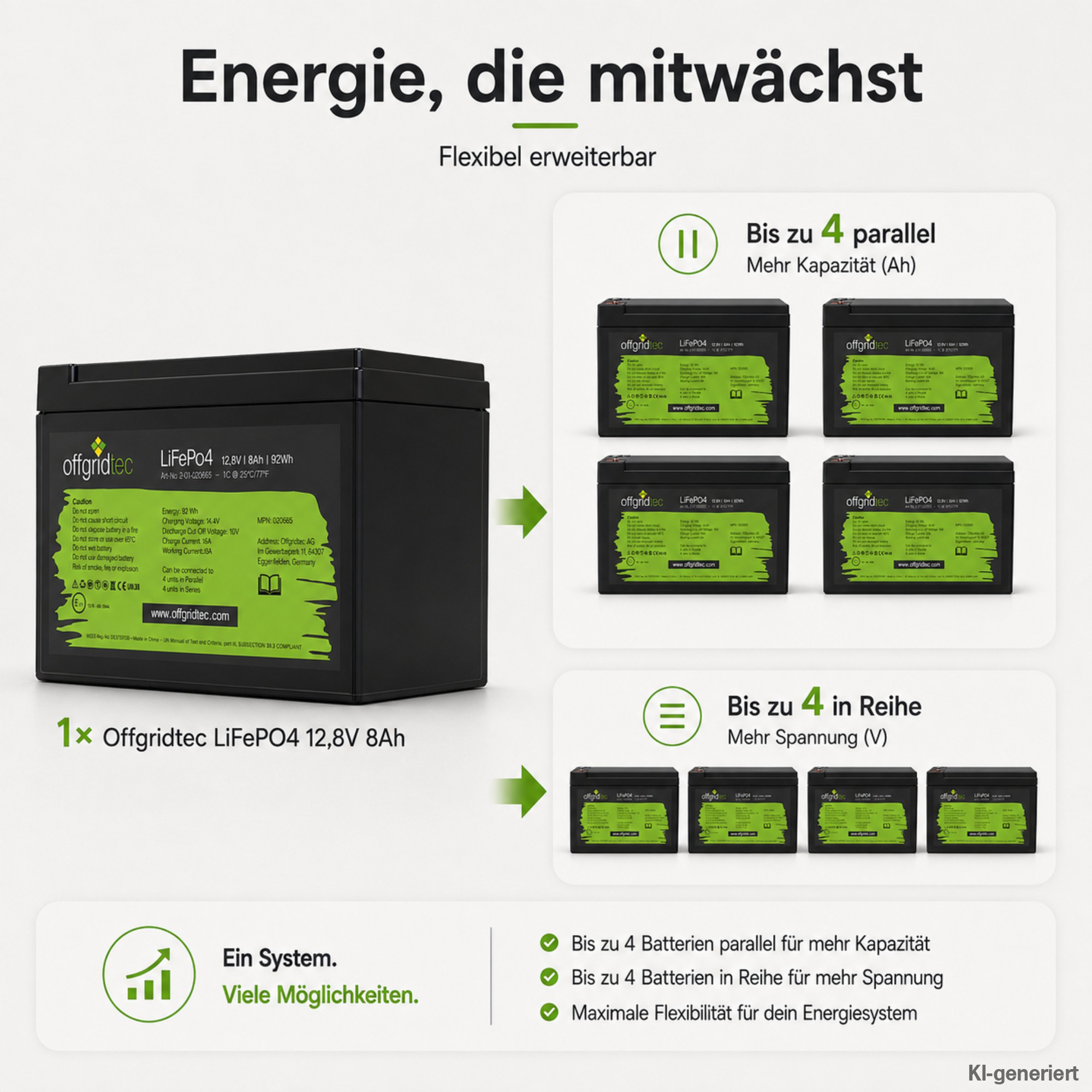 schwarze Offgridtec Batterie 12V 8Ah Erweiterungsmöglichkeiten parallel und Reihe