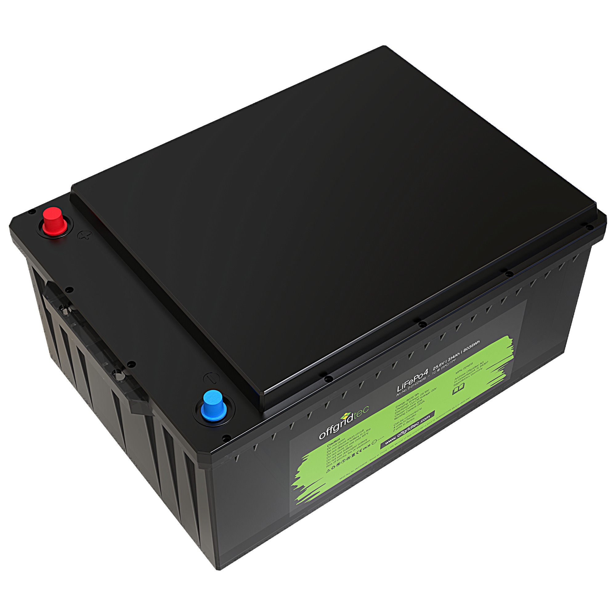 schwarze Offgridtec LiFePO4 Batterie 24V 314Ah Schrägansicht oben links