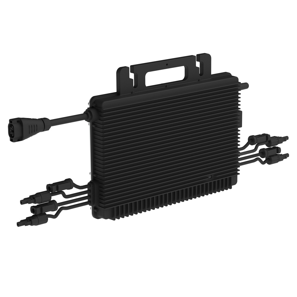 Rückansicht von links oben: Hoymiles HMS-1600-4WB HiFlow Pro Inverter mit Anschlüssen und Montagelöchern in schwarz