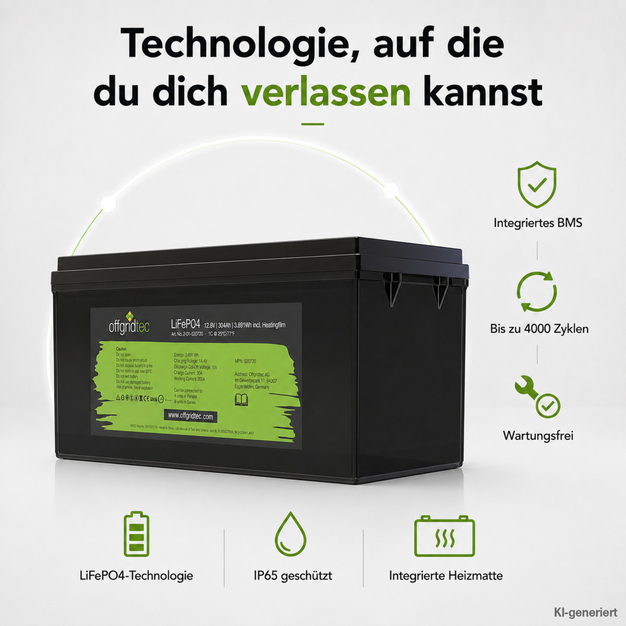 schwarze Offgridtec LiFePO4 Batterie 12V 304Ah mit Heizmatte Eigenschaften um Akku herum