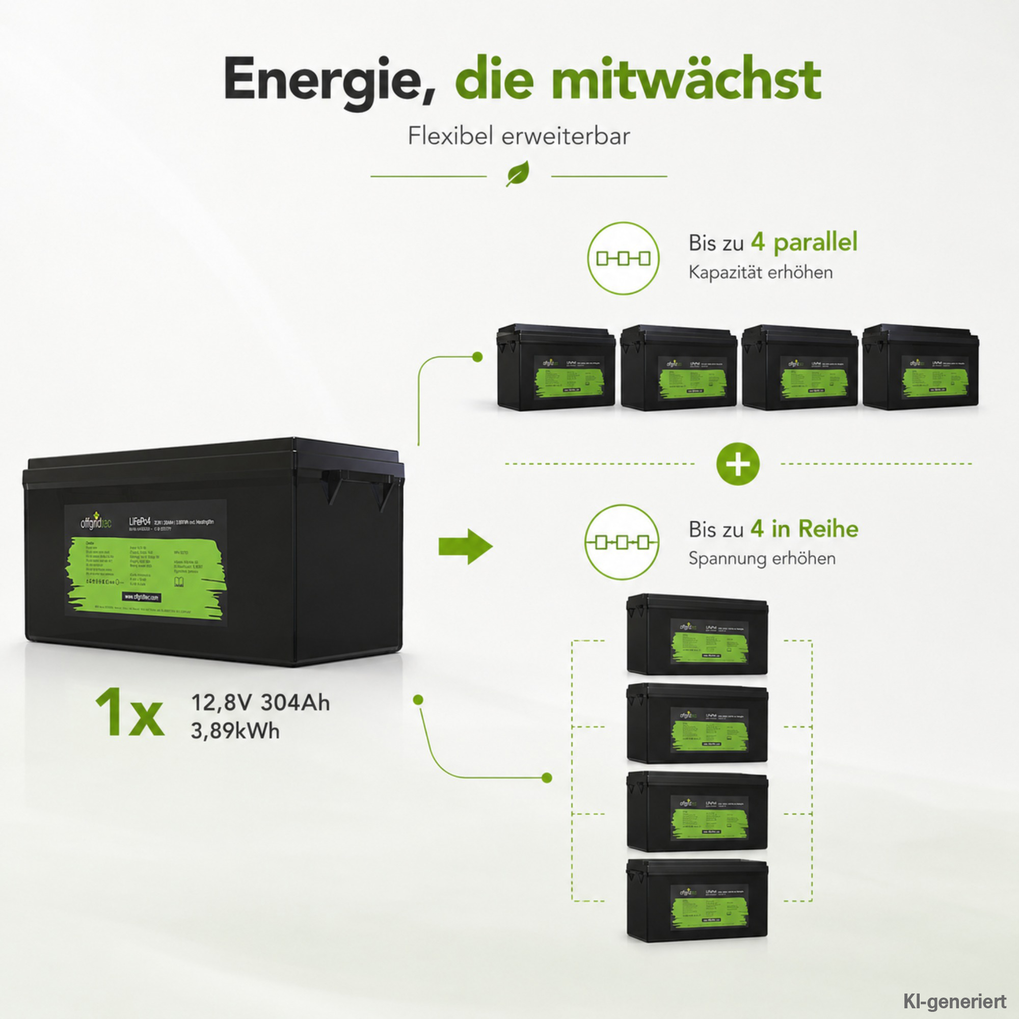 schwarze Offgridtec LiFePO4 Batterie 12V 304Ah mit Heizmatte Erweiterungsmöglichkeiten parallel und in Reihe