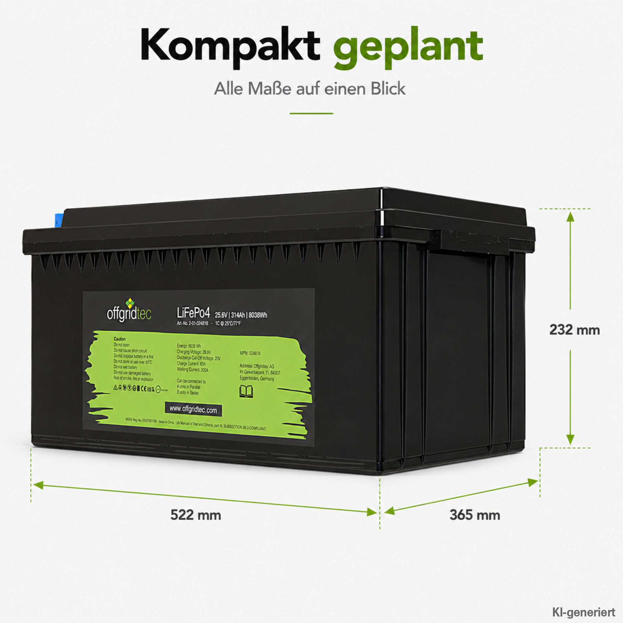 schwarze Offgridtec LiFePO4 Batterie 24V 314Ah Abmessungen