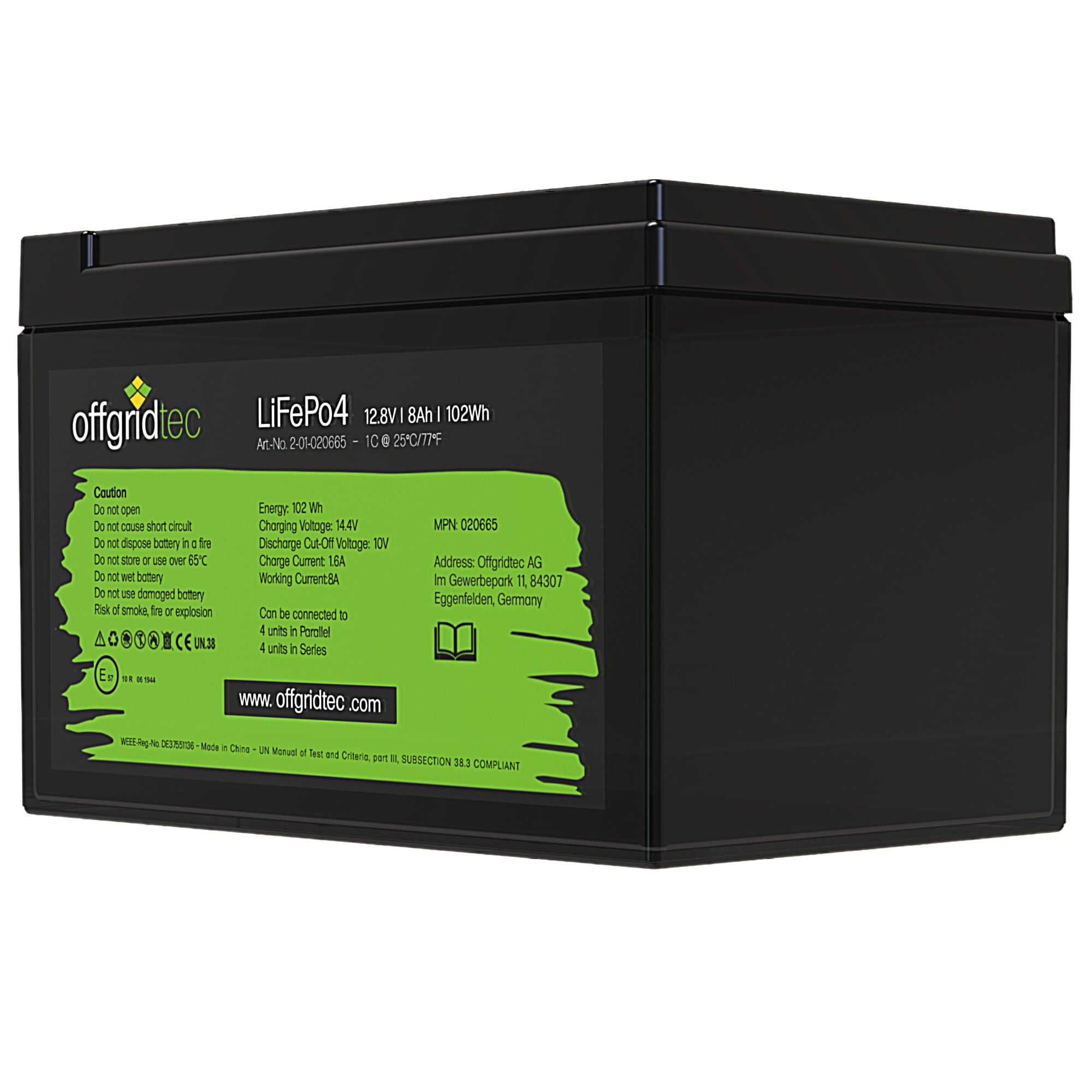 schwarze Offgridtec Batterie 12V 8Ah schräge Frontansicht rechts