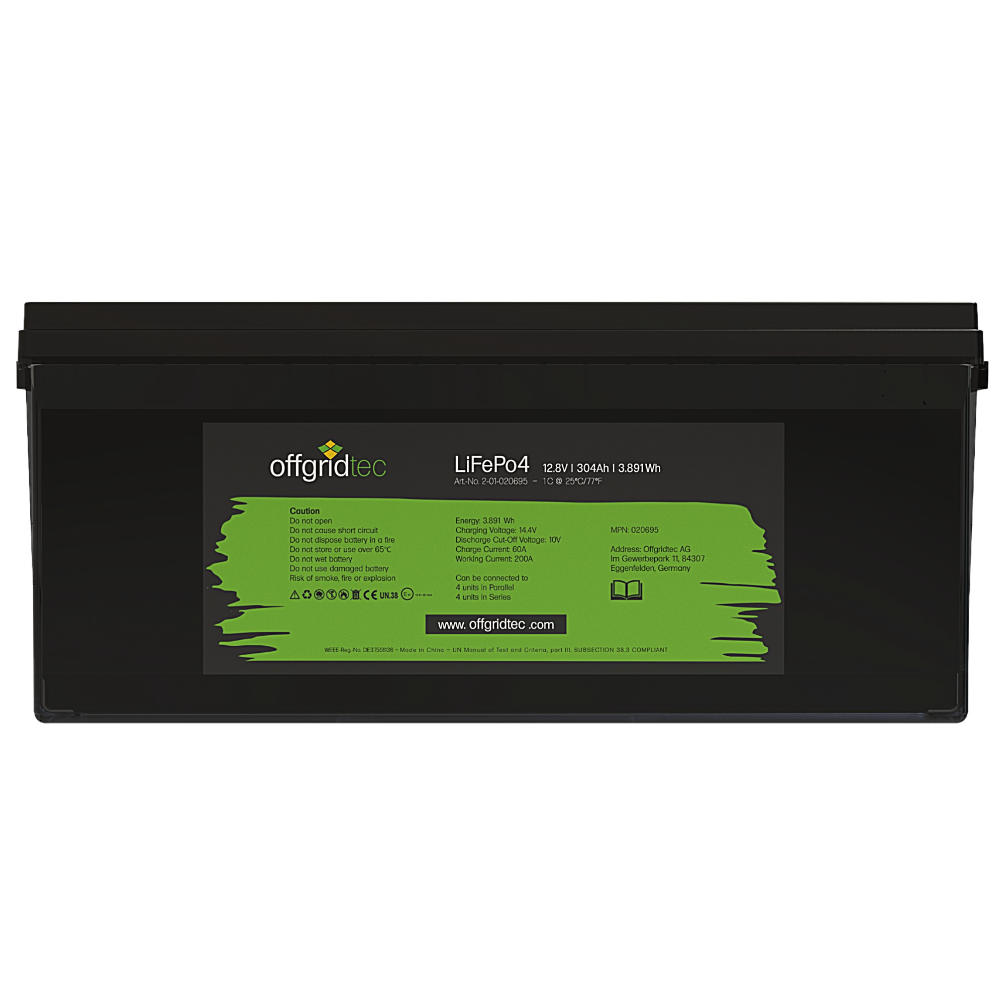schwarze Offgridtec LiFePO4 Batterie 12V 300Ah Frontalansicht Etikett