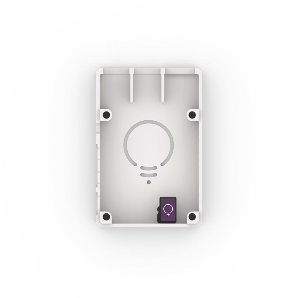 Innenansicht des myStrom Home OS Smart-Home-Systems, weißes rechteckiges Gehäuse mit Micro-SD-Karten-Slot
