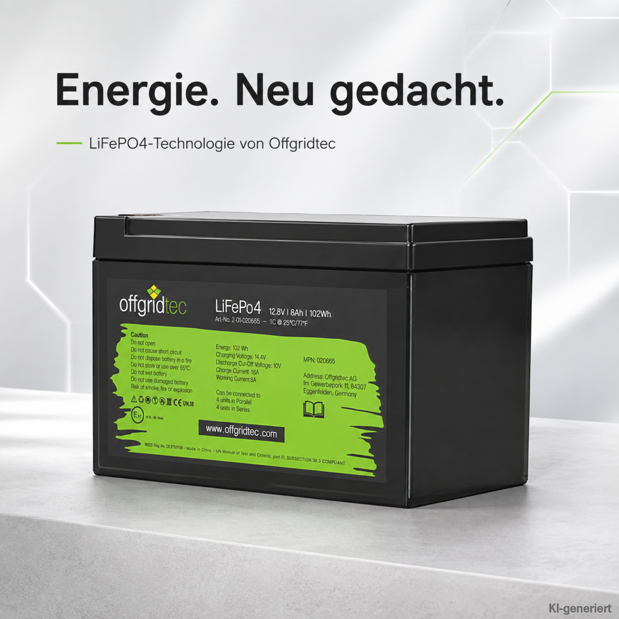 schwarze Offgridtec Batterie 12V 8Ah auf grauem Untergrund Schrägansicht rechts
