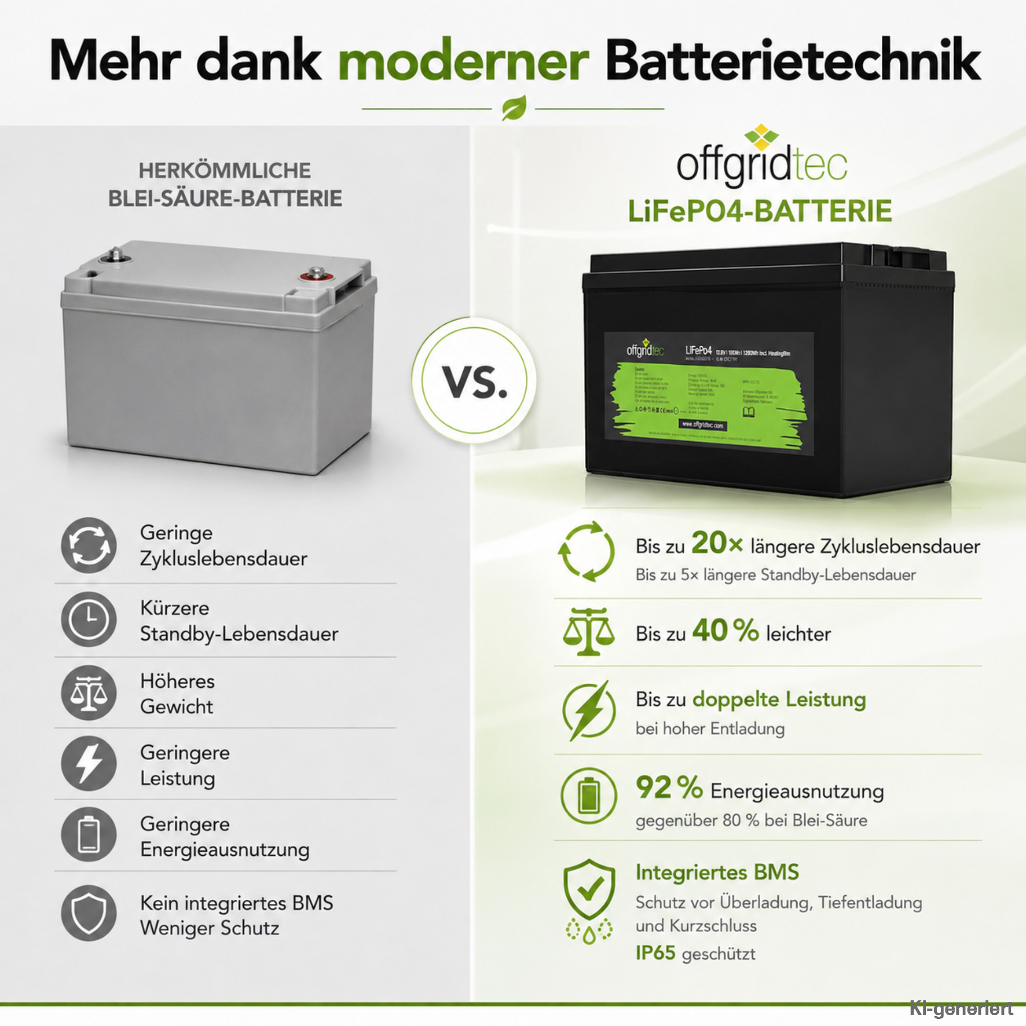 schwarze Offgridtec LiFePO4 Batterie 12V 100Ah mit Heizmatte Vergleich mit Blei-Säure Batterie