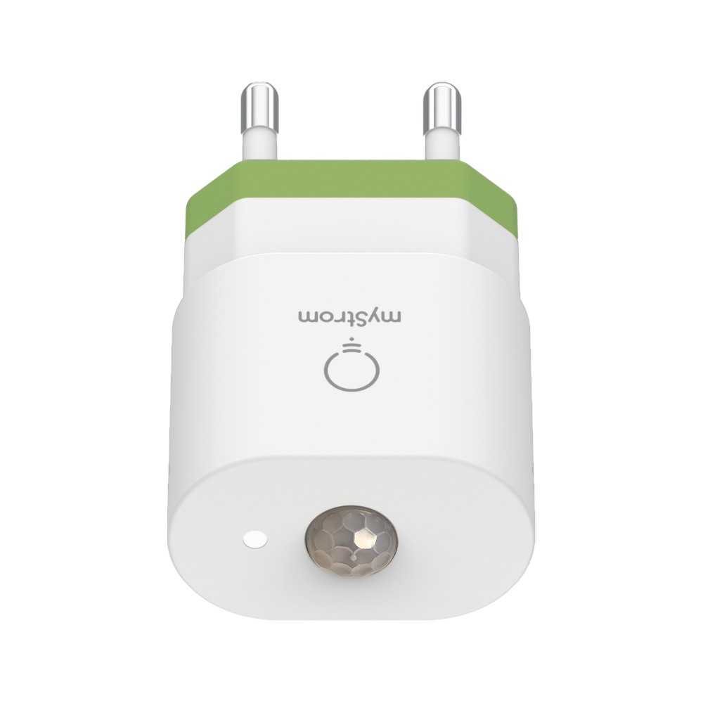 Frontansicht: Weiß-grüner myStrom WiFi Motion Sensor mit Bewegungssensor, kleiner LED-Lampe und myStrom-Logo
