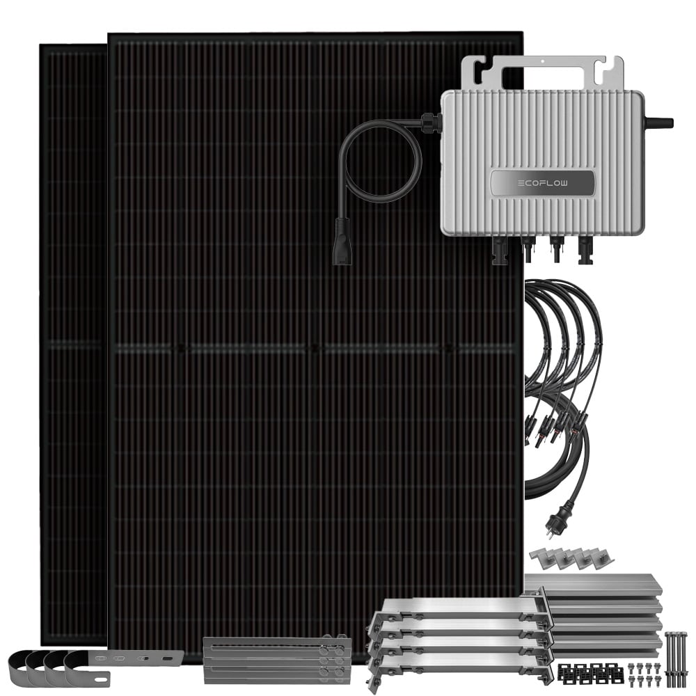 Setansicht: 2 Solarmodule, ein Ecoflow Stream Mikrowechselrichter, Modul-Halterung für die Module, 4 PV-Kabel und 1 AC-Kabel
