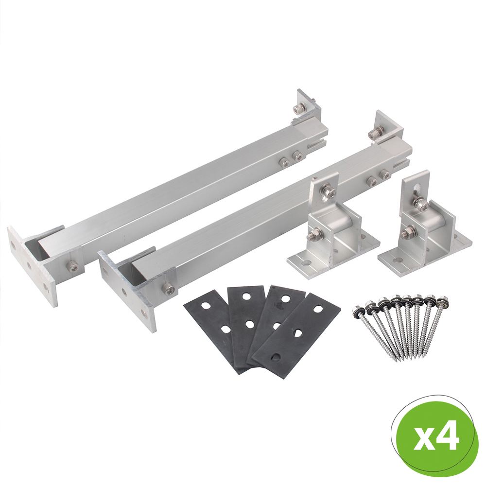 Setansicht: Alle Bestandteile des Flachdach-Montagesets; unten rechts befindet sich die Mengenangabe "x4" Setansicht: Alle Bestandteile des Flachdach-Montagesets; unten rechts befindet sich die Mengenangabe "x4"