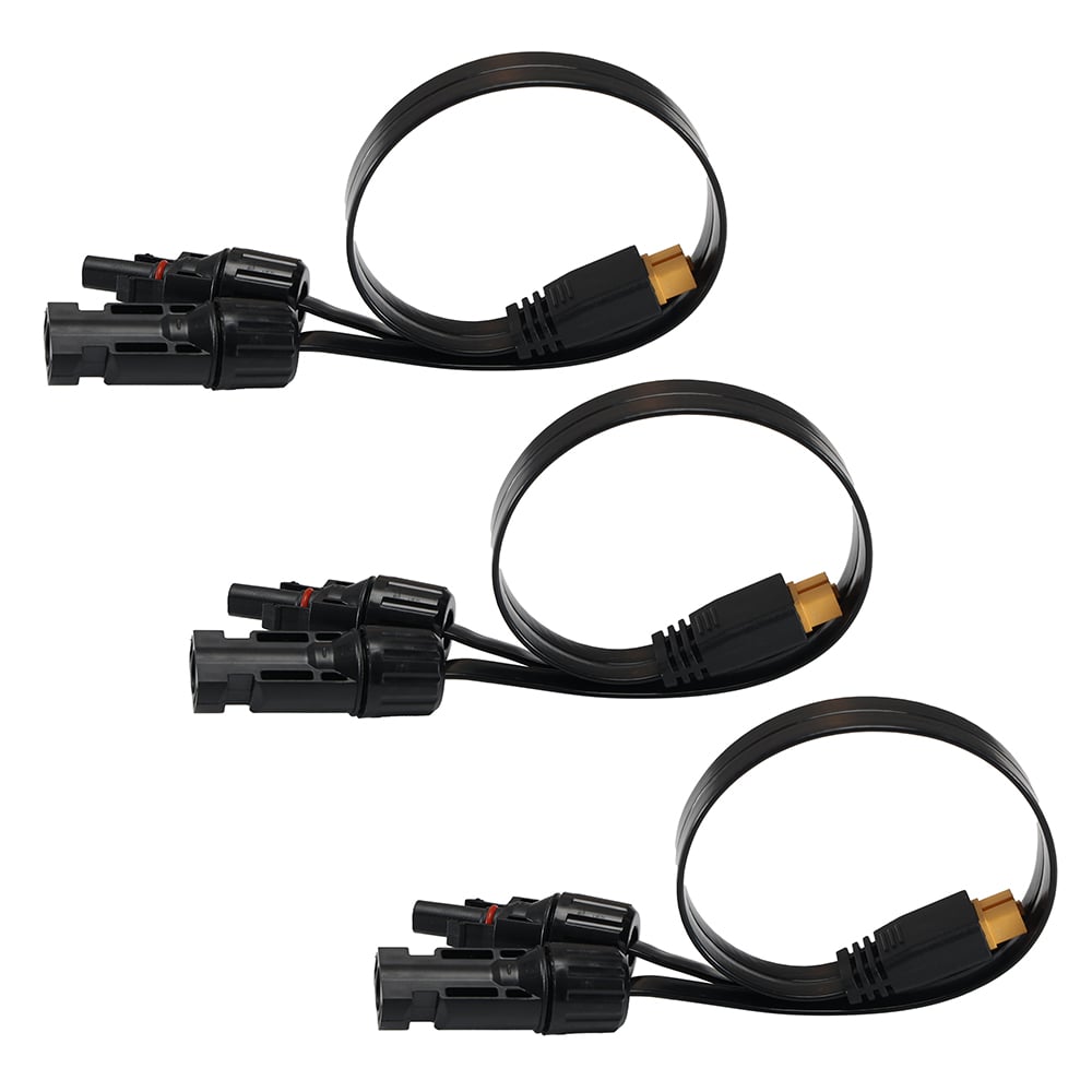 3 eingerollte superflache XT60 zu PV-Stecker Kabel; übereinander dargestellt