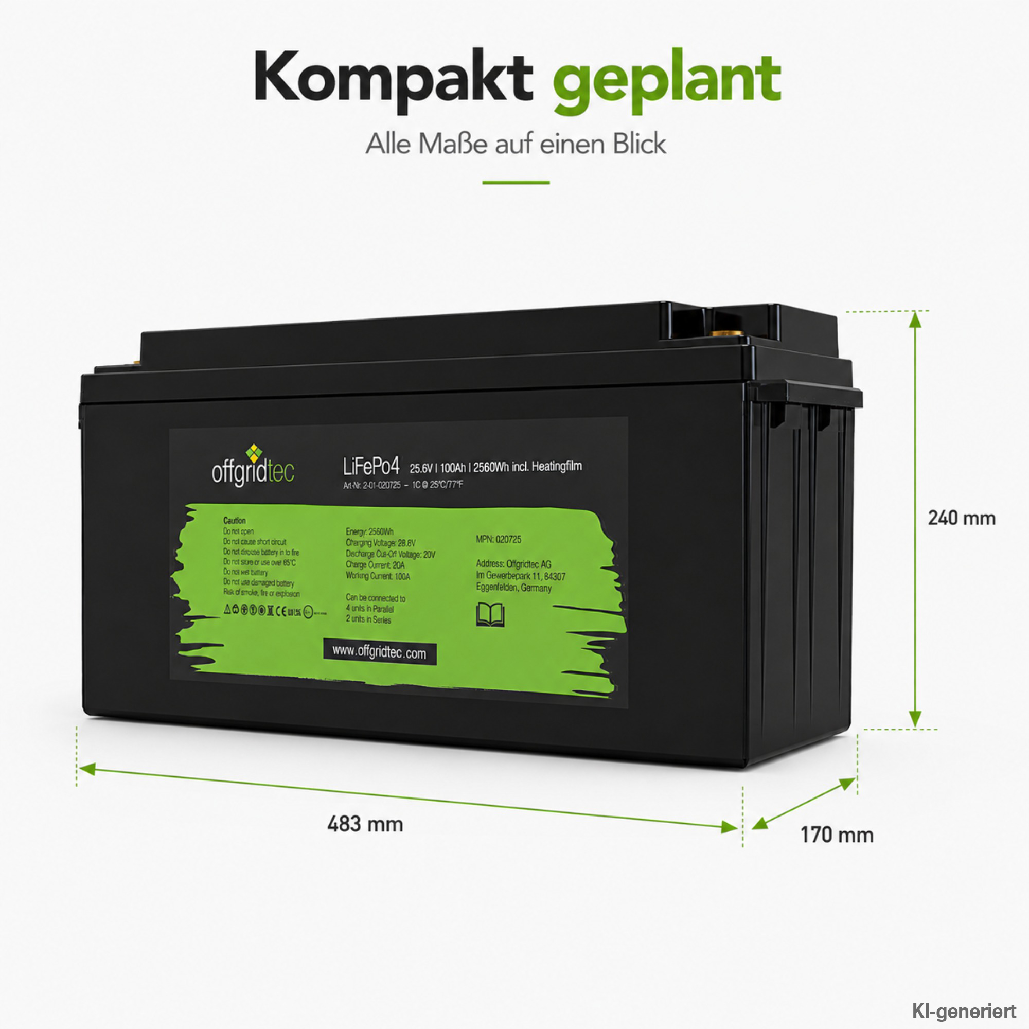 schwarze Offgridtec LiFePO4 Batterie mit Heizmatte 24V 100Ah Abmessungen