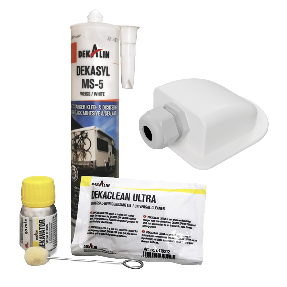 Frontansicht des weißen Dekalin Klebesets; daneben in Schrägansicht die weißen Offgridtec Dachdurchführung