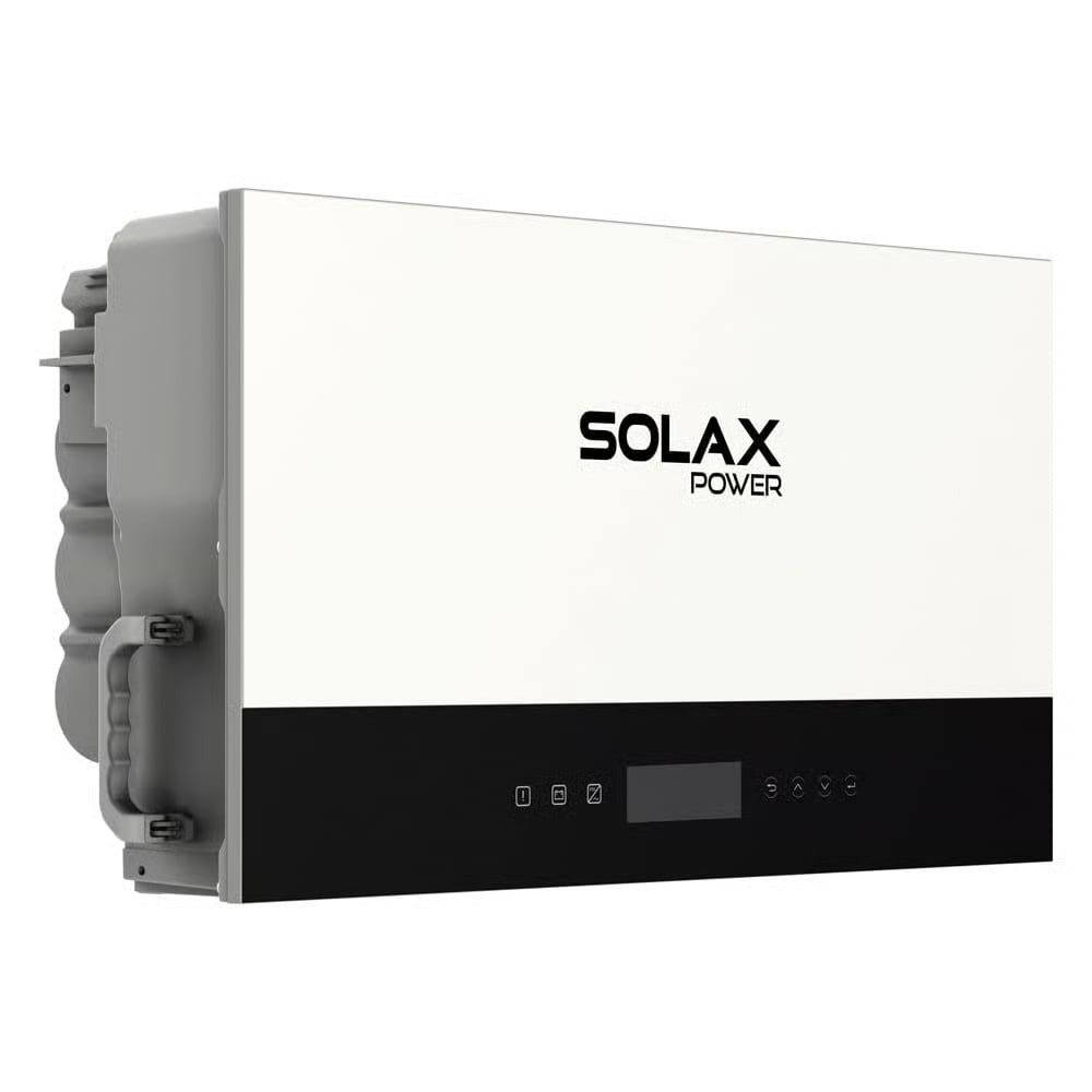 Frontansicht des schwarz-weißen Solax X1-IES Hybrid-Wechselrichters mit Logo, Display und Bedienknöpfen Schrägansicht des schwarz-weißen Solax X3-IES Hybrid-Wechselrichters mit Logo, Display und Bedienknöpfen