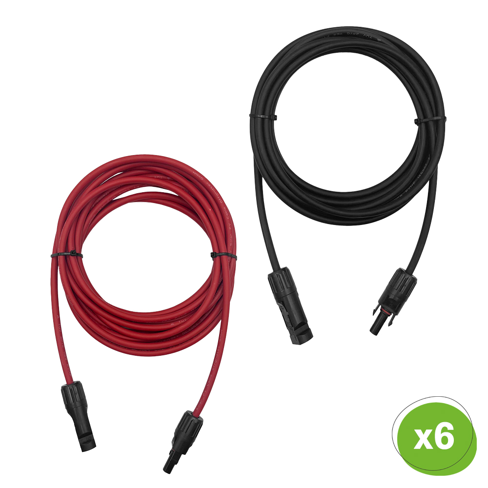 Draufsicht: Ein rotes und ein schwarzes 5 Meter MC4-zu-MC4 Kabel, beide aufgewickelt; unten rechts ist die Mengenangabe "x6"