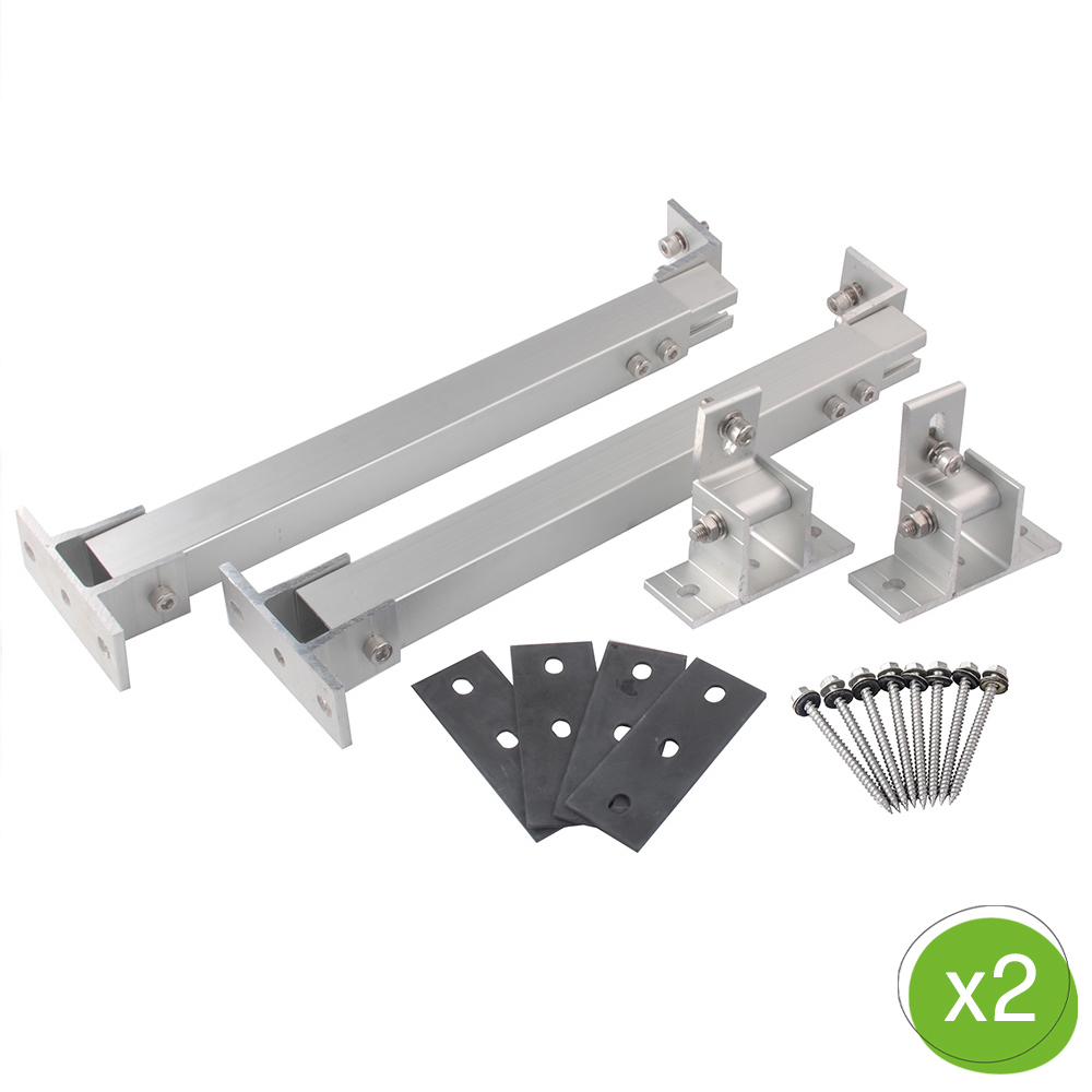 Setansicht: Alle silbernen Bestandteile des Flachdach-Montagesets mit Schienen, Schrauben, etc.