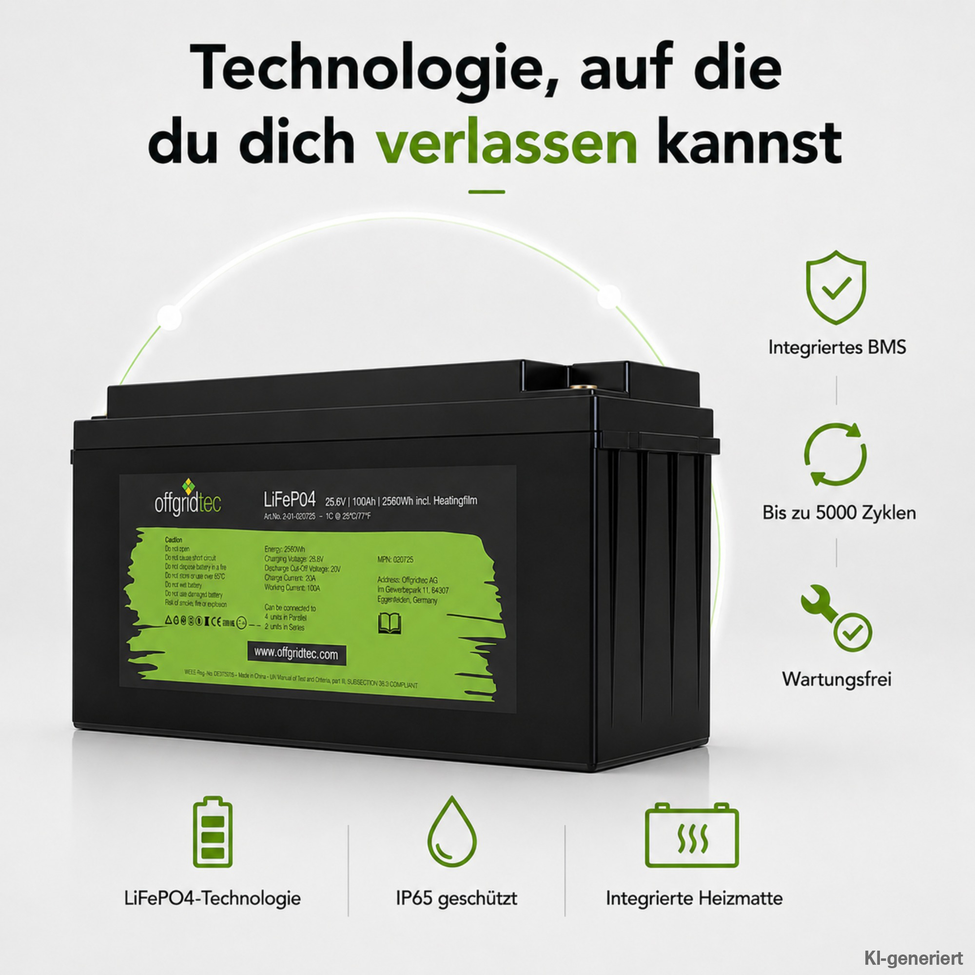 schwarze Offgridtec LiFePO4 Batterie mit Heizmatte 24V 100Ah Verkaufsargumente um Akku herum